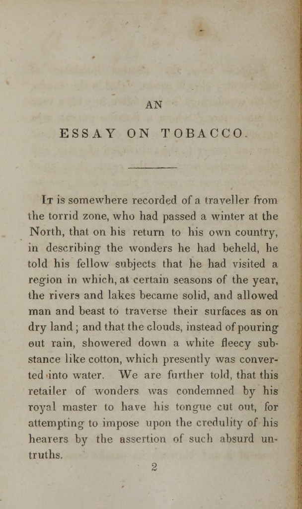 An essay on tobacco : comprising a brief history of that plant, and a view  of its effects on the human constitution, when employed as an article of  luxury : delivered as