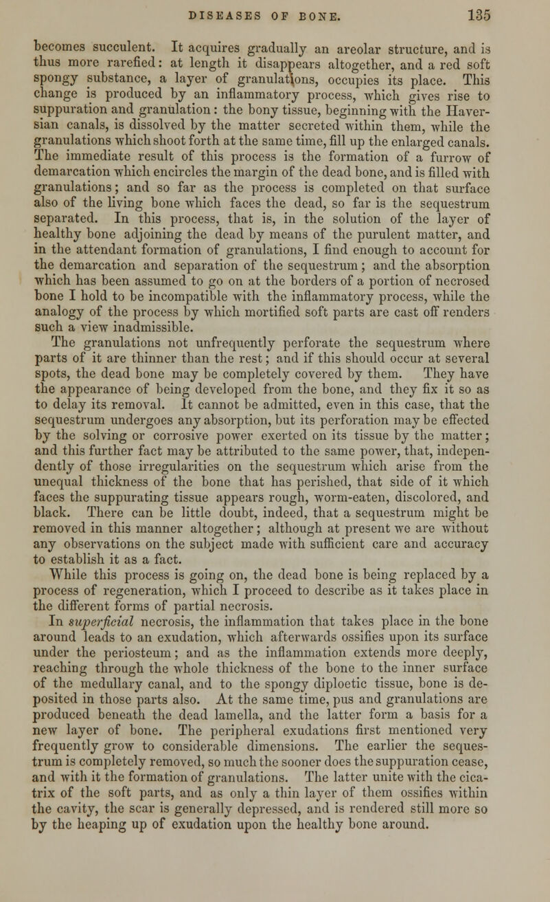 becomes succulent. It acquires gradually an areolar structure, and is thus more rarefied: at length it disappears altogether, and a red soft spongy substance, a layer of granulations, occupies its place. This change is produced by an inflammatory process, which gives rise to suppuration and granulation: the bony tissue, beginning with the Haver- sian canals, is dissolved by the matter secreted within them, while the granulations which shoot forth at the same time, fill up the enlarged canals. The immediate result of this process is the formation of a furrow of demarcation which encircles the margin of the dead bone, and is filled with granulations; and so far as the process is completed on that surface also of the living bone which faces the dead, so far is the sequestrum separated. In this process, that is, in the solution of the layer of healthy bone adjoining the dead by means of the purulent matter, and in the attendant formation of granulations, I find enough to account for the demarcation and separation of the sequestrum; and the absorption which has been assumed to go on at the borders of a portion of necrosed bone I hold to be incompatible with the inflammatory process, while the analogy of the process by which mortified soft parts are cast off renders such a view inadmissible. The granulations not unfrequently perforate the sequestrum where parts of it are thinner than the rest; and if this should occur at several spots, the dead bone may be completely covered by them. They have the appearance of being developed from the bone, and they fix it so as to delay its removal. It cannot be admitted, even in this case, that the sequestrum undergoes any absorption, but its perforation maybe effected by the solving or corrosive power exerted on its tissue by the matter; and this further fact may be attributed to the same power, that, indepen- dently of those irregularities on the sequestrum which arise from the unequal thickness of the bone that has perished, that side of it which faces the suppurating tissue appears rough, worm-eaten, discolored, and black. There can be little doubt, indeed, that a sequestrum might be removed in this manner altogether; although at present we are without any observations on the subject made with sufficient care and accuracy to establish it as a fact. While this process is going on, the dead bone is being replaced by a process of regeneration, which I proceed to describe as it takes place in the different forms of partial necrosis. In superficial necrosis, the inflammation that takes place in the bone around leads to an exudation, which afterwards ossifies upon its surface under the periosteum; and as the inflammation extends more deeply, reaching through the whole thickness of the bone to the inner surface of the medullary canal, and to the spongy diploetic tissue, bone is de- posited in those parts also. At the same time, pus and granulations are produced beneath the dead lamella, and the latter form a basis for a new layer of bone. The peripheral exudations first mentioned very frequently grow to considerable dimensions. The earlier the seques- trum is completely removed, so much the sooner does the suppuration cease, and with it the formation of granulations. The latter unite with the cica- trix of the soft parts, and as only a thin layer of them ossifies within the cavity, the scar is generally depressed, and is rendered still more so by the heaping up of exudation upon the healthy bone around.