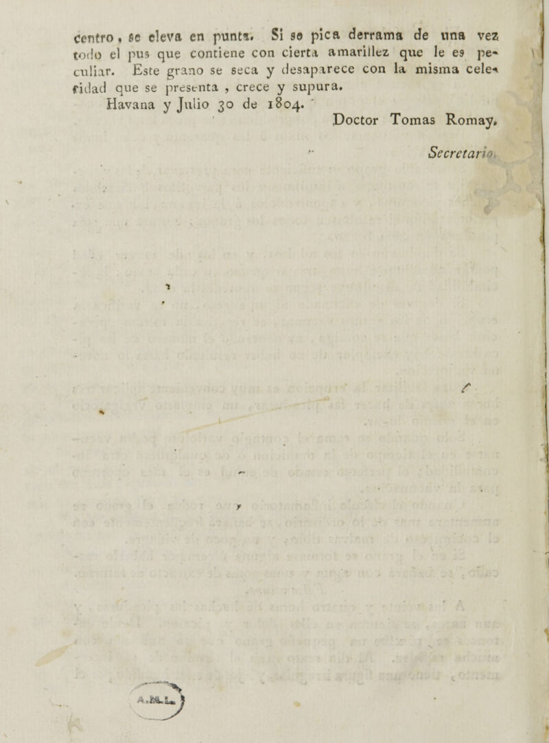 centro, fie eleva en punt*. Si se pica derrama de nna vez todo el pus que contiene con cierta amarillez que le es pe- culiar. Este grano se seca y desapxrece con la misma cele* fu!ac) que se presenta , crece y supura. Havana y Julio 30 de 1804. Doctor Tomas Romay, Se ere tai r y - MLU