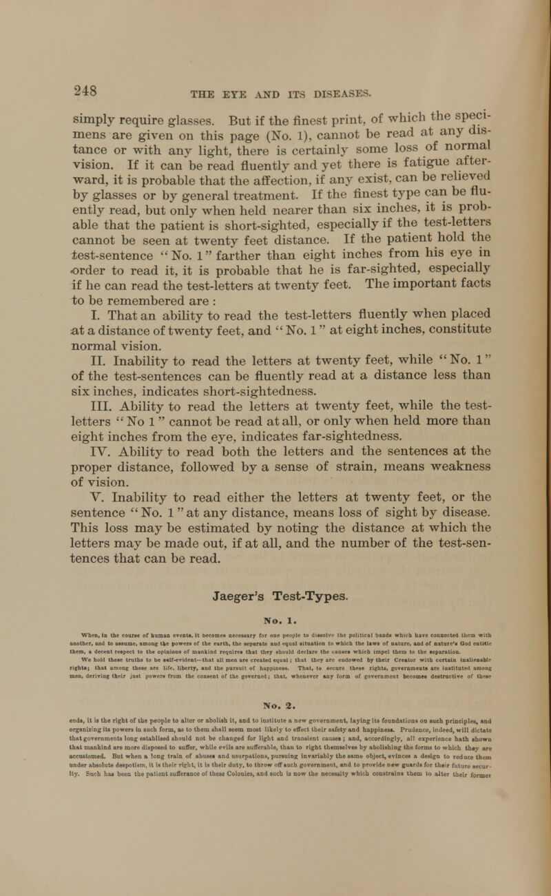 simply require glasses. But if the finest print, of which the speci- mens are given on this page (No. 1), cannot be read at any dis- tance or with any light, there is certainly some loss of normal vision. If it can be read fluently and yet there is fatigue after- ward, it is probable that the affection, if any exist, can be relieved by glasses or by general treatment. If the finest type can be flu- ently read, but only when held nearer than six inches, it is prob- able that the patient is short-sighted, especially if the test-letters cannot be seen at twenty feet distance. If the patient hold the test-sentence  No. 1 farther than eight inches from his eye in -order to read it, it is probable that he is far-sighted, especially if he can read the test-letters at twenty feet. The important facts to be remembered are : I. That an ability to read the test-letters fluently when placed at a distance of twenty feet, and  No. 1 at eight inches, constitute normal vision. II. Inability to read the letters at twenty feet, while No. 1 of the test-sentences can be fluently read at a distance less than six inches, indicates short-sightedness. III. Ability to read the letters at twenty feet, while the test- letters  No 1 cannot be read at all, or only when held more than eight inches from the eye, indicates far-sightedness. IV. Ability to read both the letters and the sentences at the proper distance, followed by a sense of strain, means weakness of vision. V. Inability to read either the letters at twenty feet, or the sentence No. 1 at any distance, means loss of sight by disease. This loss may be estimated by noting the distance at which the letters may be made out, if at all, and the number of the test-sen- tences that can be read. Jaeger's Test-Types. No. 1. When, In the course of human events, it becomes necessary for one people to dissolve the political bands which have connected them with another, and to assume, among the powers of the earth, the separate and equal situation to which the laws of nature, and of nature's God entitle them, a decent respect to the opinions of mankind requires that they should declare the causes which impel them to the separation. We hold these truths to be sslf-evident— that all men are created equal; that they arc endowed by their Creator with certain inalienable rights; that among these are life, liberty, and the pursuit of happiness. That, to secure these rights, governments are instituted among men, deriving their just powers from the consent of the governed; that, whenever any form of government becomes destructive of these No. 2. ends, it is the right of the people to alter or abolish it, and to institute a new government, laying its foundations on such principles, and organizing its powers in such form, as to them shall seem most likely to effect Ibeir safety and happiness. Prudence, indeed, will dictate that governments long establised should not be changed for light and transient causes; and, accordingly, all experience hath shown that mankind are more disposed to suffer, while evils are sufferable, than to right themselves by abolishing the forms to which they are accustomed. But when a long train of abuses and usurpations, pursuing invariably the same object, evinces a design to reduce them under absolute despotism, it is their right, it is their duty, to throw off such government, and to provide new guards for their future secur- ity. Such has been the patient sufferance of these Colonies, and such is now the necessity which constrains them to alter their formei