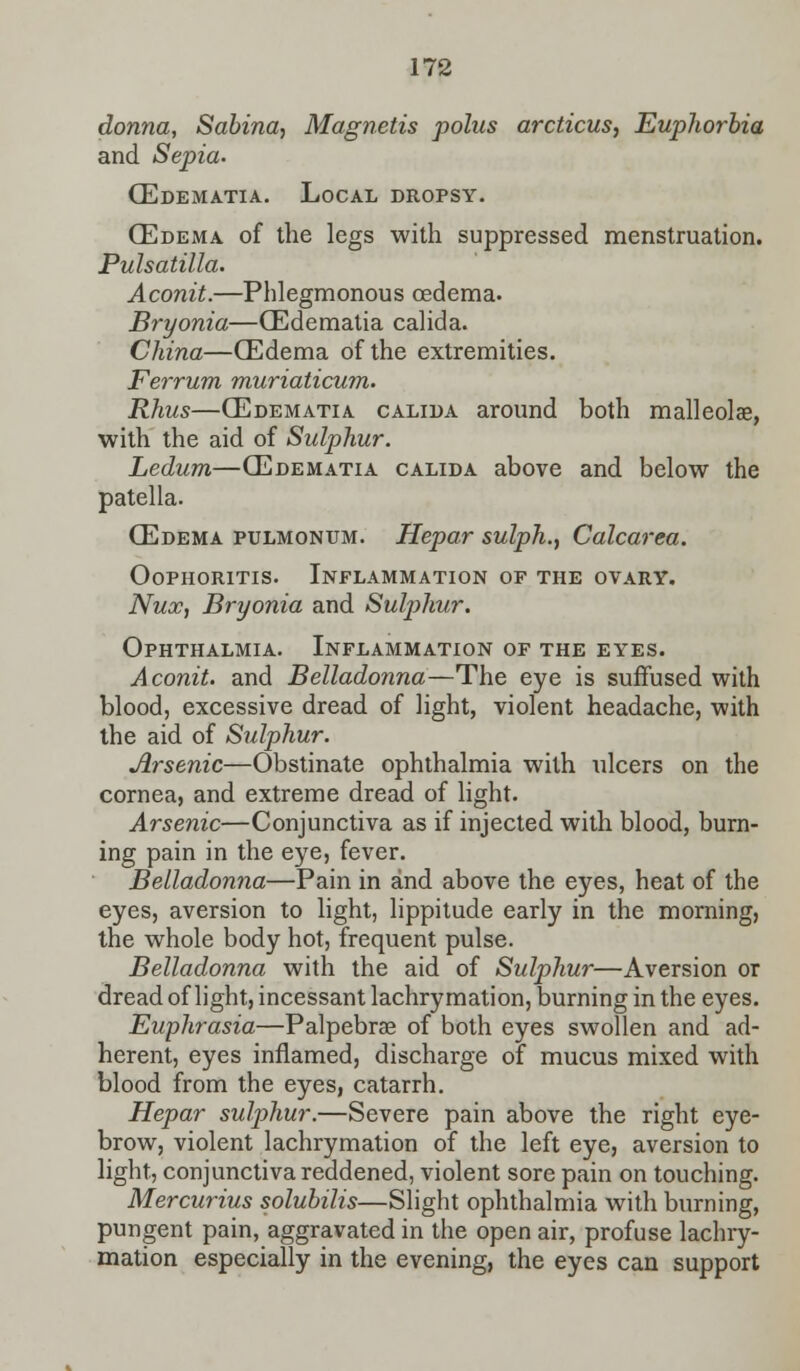 donna, Sabina, Magnetis polus arcticus, Euphorbia and Sepia. CEdematia. Local dropsy. (Edema of the legs with suppressed menstruation. Pulsatilla. Aconit.—Phlegmonous oedema. Bryonia—CEdematia calida. China—CEdema of the extremities. Ferrum muriaticum. Rhus—CEdematia calida around both malleolar, with the aid of Sulphur. Ledum—CEdematia calida above and below the patella. CEdema pulmonum. Hepar sulph., Calcarea. Oophoritis. Inflammation of the ovary. Nux, Bryonia and Sulphur. Ophthalmia. Inflammation of the eyes. Aconit. and Belladonna—The eye is suffused with blood, excessive dread of light, violent headache, with the aid of Sulphur. Arsenic—Obstinate ophthalmia with ulcers on the cornea, and extreme dread of light. Arsenic—Conjunctiva as if injected with blood, burn- ing pain in the eye, fever. Belladonna—Pain in and above the eyes, heat of the eyes, aversion to light, lippitude early in the morning, the whole body hot, frequent pulse. Belladonna with the aid of Sulphur—Aversion or dread of light, incessant lachrymation, burning in the eyes. Euphrasia—Palpebral of both eyes swollen and ad- herent, eyes inflamed, discharge of mucus mixed with blood from the eyes, catarrh. Hepar sulphur.—Severe pain above the right eye- brow, violent lachrymation of the left eye, aversion to light, conjunctiva reddened, violent sore pain on touching. Mercurius solubilis—Slight ophthalmia with burning, pungent pain, aggravated in the open air, profuse lachry- mation especially in the evening, the eyes can support