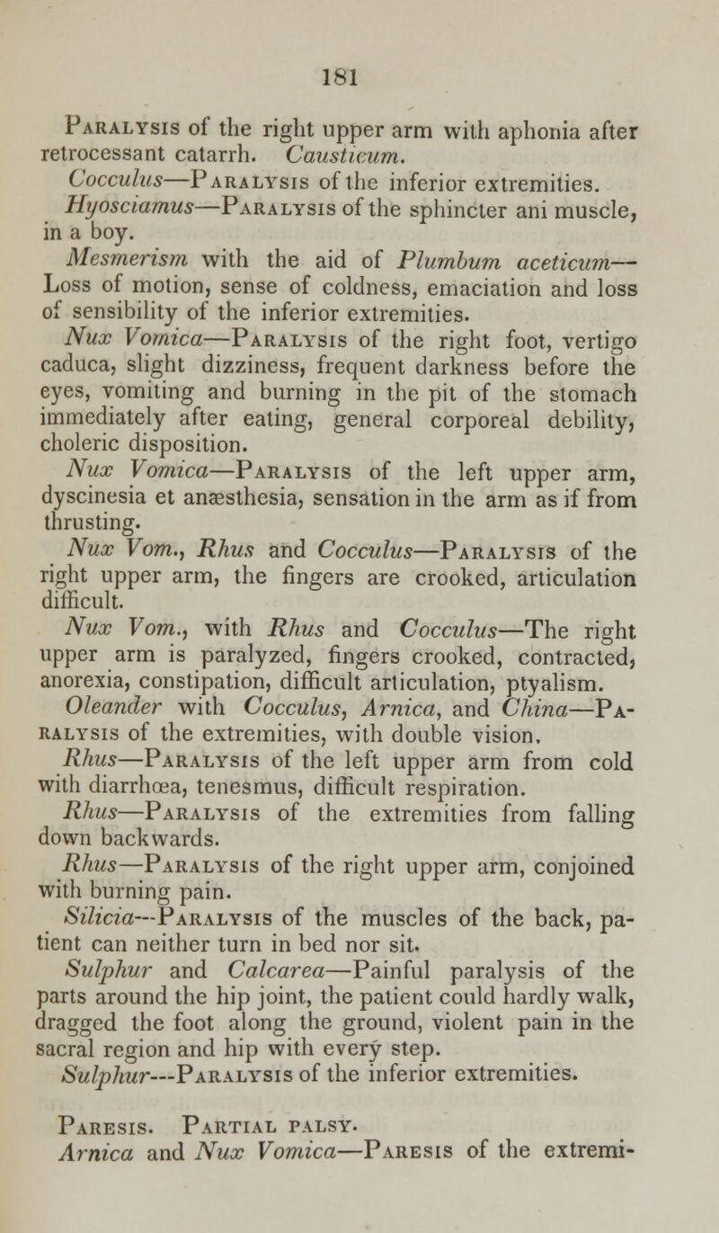 Paralysis of the right upper arm with aphonia after retrocessant catarrh. Caustwum. Cocculus—Paralysis of the inferior extremities. Hyosciamus—Paralysis of the sphincter ani muscle, in a boy. Mesmerism with the aid of Plumbum aceticum— Loss of motion, sense of coldness, emaciation and loss of sensibility of the inferior extremities. Nux Vomica—Paralysis of the right foot, vertigo caduca, slight dizziness, frequent darkness before the eyes, vomiting and burning in the pit of the stomach immediately after eating, general corporeal debility, choleric disposition. Nux Vomica—Paralysis of the left upper arm, dyscinesia et anaesthesia, sensation in the arm as if from thrusting. Nux Vom., Rhus and Cocculus—Paralysis of the right upper arm, the fingers are crooked, articulation difficult. Nux Vom., with Rhus and Cocculus—The right upper arm is paralyzed, fingers crooked, contracted, anorexia, constipation, difficult articulation, ptyalism. Oleander with Cocculus, Arnica, and China—Pa- ralysis of the extremities, with double vision, Rhus—Paralysis of the left upper arm from cold with diarrhoea, tenesmus, difficult respiration. Rhus—Paralysis of the extremities from falling down backwards. Rhus—Paralysis of the right upper arm, conjoined with burning pain. Silicia—Paralysis of the muscles of the back, pa- tient can neither turn in bed nor sit. Sulphur and Calcarea—Painful paralysis of the parts around the hip joint, the patient could hardly walk, dragged the foot along the ground, violent pain in the sacral region and hip with every step. Sulphur—Paralysis of the inferior extremities. Paresis. Partial palsy. Arnica and Nux Vomica—Paresis of the extremi-