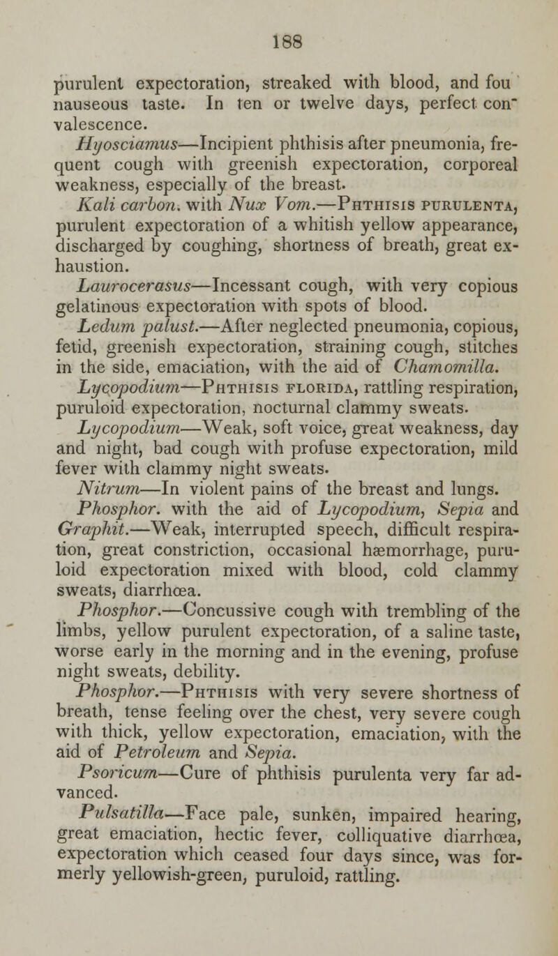 purulent expectoration, streaked with blood, and fou nauseous taste. In ten or twelve days, perfect con valescence. Hyosciamus—Incipient phthisis after pneumonia, fre- quent cough with greenish expectoration, corporeal weakness, especially of the breast. Kali carbon, with Nux Vom.—Phthisis purulenta, purulent expectoration of a whitish yellow appearance, discharged by coughing, shortness of breath, great ex- haustion. Laurocerasus—Incessant cough, with very copious gelatinous expectoration with spots of blood. Ledum palust.—After neglected pneumonia, copious, fetid, greenish expectoration, straining cough, stitches in the side, emaciation, with the aid of Chamomilla. Lycopodium—Phthisis Florida, rattling respiration, puruloid expectoration, nocturnal clammy sweats. Lycopodium—Weak, soft voice, great weakness, day and night, bad cough with profuse expectoration, mild fever with clammy night sweats. Nitrum—In violent pains of the breast and lungs. Phosphor, with the aid of Lycopodium, Sepia and Graphit.—Weak, interrupted speech, difficult respira- tion, great constriction, occasional haemorrhage, puru- loid expectoration mixed with blood, cold clammy sweats, diarrhoea. Phosphor.—Concussive cough with trembling of the limbs, yellow purulent expectoration, of a saline taste, worse early in the morning and in the evening, profuse night sweats, debility. Phosphor.—Phthisis with very severe shortness of breath, tense feeling over the chest, very severe cough with thick, yellow expectoration, emaciation, with the aid of Petroleum and Sepia. Psoricum—Cure of phthisis purulenta very far ad- vanced. Pulsatilla—Face pale, sunken, impaired hearing, great emaciation, hectic fever, colliquative diarrhoea, expectoration which ceased four days since, was for- merly yellowish-green, puruloid, rattling.
