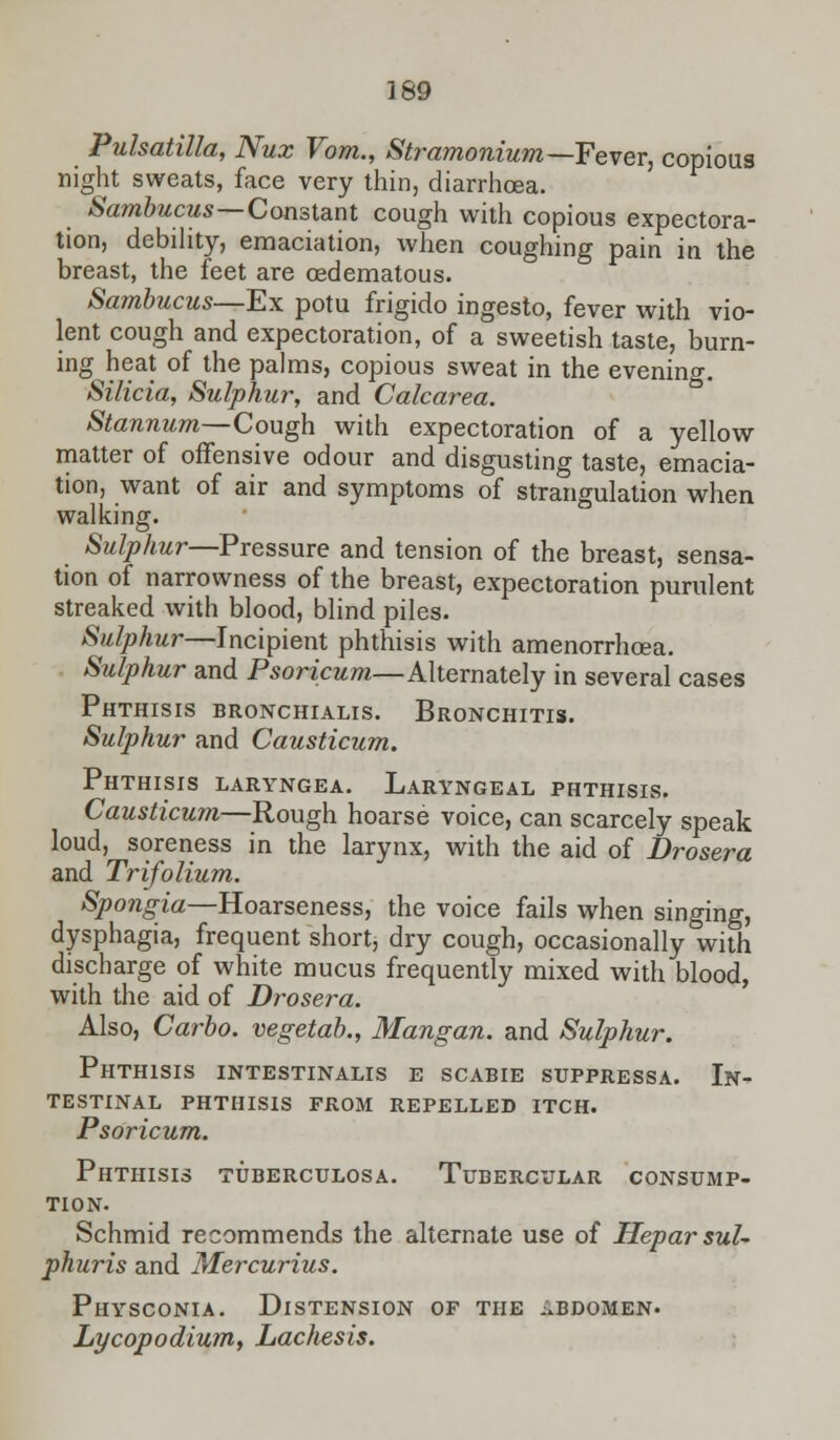 Pulsatilla, Nux Vom., Stramonium—Fever, copious night sweats, face very thin, diarrhoea. Sambucus—Constant cough with copious expectora- tion, debility, emaciation, when coughing pain in the breast, the feet are oedematous. Sambucus—Ex potu frigido ingesto, fever with vio- lent cough and expectoration, of a sweetish taste, burn- ing heat of the palms, copious sweat in the evening. Silicia, Sulphur, and Calcarea. Stannum—Cough with expectoration of a yellow matter of offensive odour and disgusting taste, emacia- tion, want of air and symptoms of strangulation when walking. Sulphur—Pressure and tension of the breast, sensa- tion of narrowness of the breast, expectoration purulent streaked with blood, blind piles. Sulphur—Incipient phthisis with amenorrhcea. Sulphur and Psoricum—Alternately in several cases Phthisis bronchialis. Bronchitis. Sulphur and Causticum. Phthisis laryngea. Laryngeal phthisis. Causticum—Rough hoarse voice, can scarcely speak loud, soreness in the larynx, with the aid of Drosera and Trifolium. Spongia—Hoarseness, the voice fails when singing, dysphagia, frequent short, dry cough, occasionally with discharge of white mucus frequently mixed with blood, with the aid of Drosera. Also, Carbo. vegetab., Mangan. and Sulphur. Phthisis intestinalis e scabie suppressa. In- testinal phthisis from repelled itch. Psoricum. Phthisis tuberculosa. Tubercular consump- tion. Schmid recommends the alternate use of Heparsul- phuris and Mercurius. Physconia. Distension of the abdomen. Lycopodium, Lachesis.