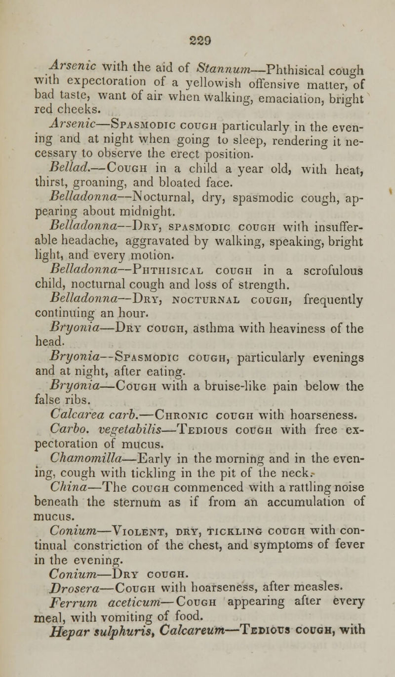 Arsenic with the aid of Stannuiii-—Phthisical cough with expectoration of a yellowish offensive matter, of bad taste, want of air when walking, emaciation, bright red cheeks. Arsenic—Spasmodic cough particularly in the even- ing and at night when going to sleep, rendering it ne- cessary to observe the erect position. Bellad.—Cough in a child a year old, with heat, thirst, groaning, and bloated face. Belladonna—Nocturnal, dry, spasmodic cough, ap- pearing about midnight. Belladonna—Dry, spasmodic cough wilh insuffer- able headache, aggravated by walking, speaking, bright light, and every motion. Belladonna—Phthisical cough in a scrofulous child, nocturnal cough and loss of strength. Belladonna—Dry, nocturnal cough, frequently continuing an hour. Bryonia—Dry cough, asthma with heaviness of the head. Bryonia—Spasmodic cough, particularly evenings and at night, after eating. Bryonia—Cough with a bruise-like pain below the false ribs. Calcarea carb.—Chronic cough with hoarseness. Carbo. vegetabilis—Tedious cough with free ex- pectoration of mucus. Chamomilla—Early in the morning and in the even- ing, cough with tickling in the pit of the neck.- China—The cough commenced with a rattling noise beneath the sternum as if from an accumulation of mucus. Conium—Violent, dry, tickling cough with con- tinual constriction of the chest, and symptoms of fever in the evening. Conium—Dry cough. Drosera—Cough with hoarseness, after measles. Ferrum aceticum—Cough appearing after every meal, with vomiting of food. He-par sulphuris, Calcareum—Tedious cough, with