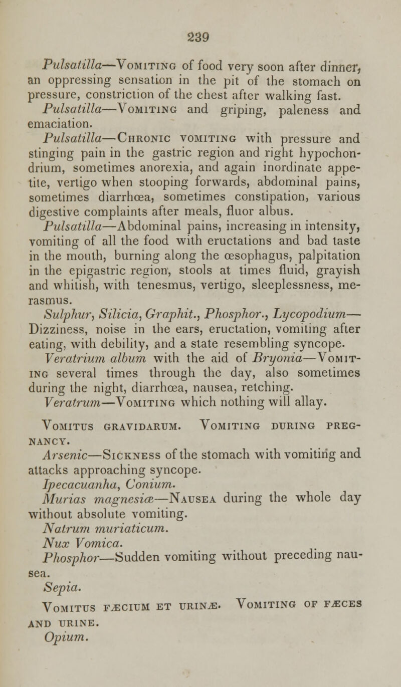 Pulsatilla—Vomiting of food very soon after dinner, an oppressing sensation in the pit of the stomach on pressure, constriction of the chest after walking fast. Pulsatilla—Vomiting and griping, paleness and emaciation. Pulsatilla—Chronic vomiting with pressure and stinging pain in the gastric region and right hypochon- drium, sometimes anorexia, and again inordinate appe- tite, vertigo when stooping forwards, abdominal pains, sometimes diarrhoea, sometimes constipation, various digestive complaints after meals, fluor albus. Pulsatilla—Abdominal pains, increasing in intensity, vomiting of all the food with eructations and bad taste in the mouth, burning along the oesophagus, palpitation in the epigastric region, stools at times fluid, grayish and whitish, with tenesmus, vertigo, sleeplessness, me- rasmus. Sulphur, Silicia, Graphit., Phosphor., Lycopodium— Dizziness, noise in the ears, eructation, vomiting after eating, with debility, and a state resembling syncope. Veratrium album with the aid of Bryonia—Vomit- ing several times through the day, also sometimes during the night, diarrhoea, nausea, retching. Veratrum—Vomiting which nothing will allay. VoMITUS GRAVIDARUM. VOMITING DURING PREG- NANCY. Arsenic—Sickness of the stomach with vomiting and attacks approaching syncope. Ipecacuanha, Conium. Murias magnesia—Nausea during the whole day without absolute vomiting. Natrum muriaticum. Nux Vomica. Phosphor—Sudden vomiting without preceding nau- sea. Sepia. VoMITUS F^CIUM ET URIN.E. VoMITING OF FAECES AND URINE. Opium.