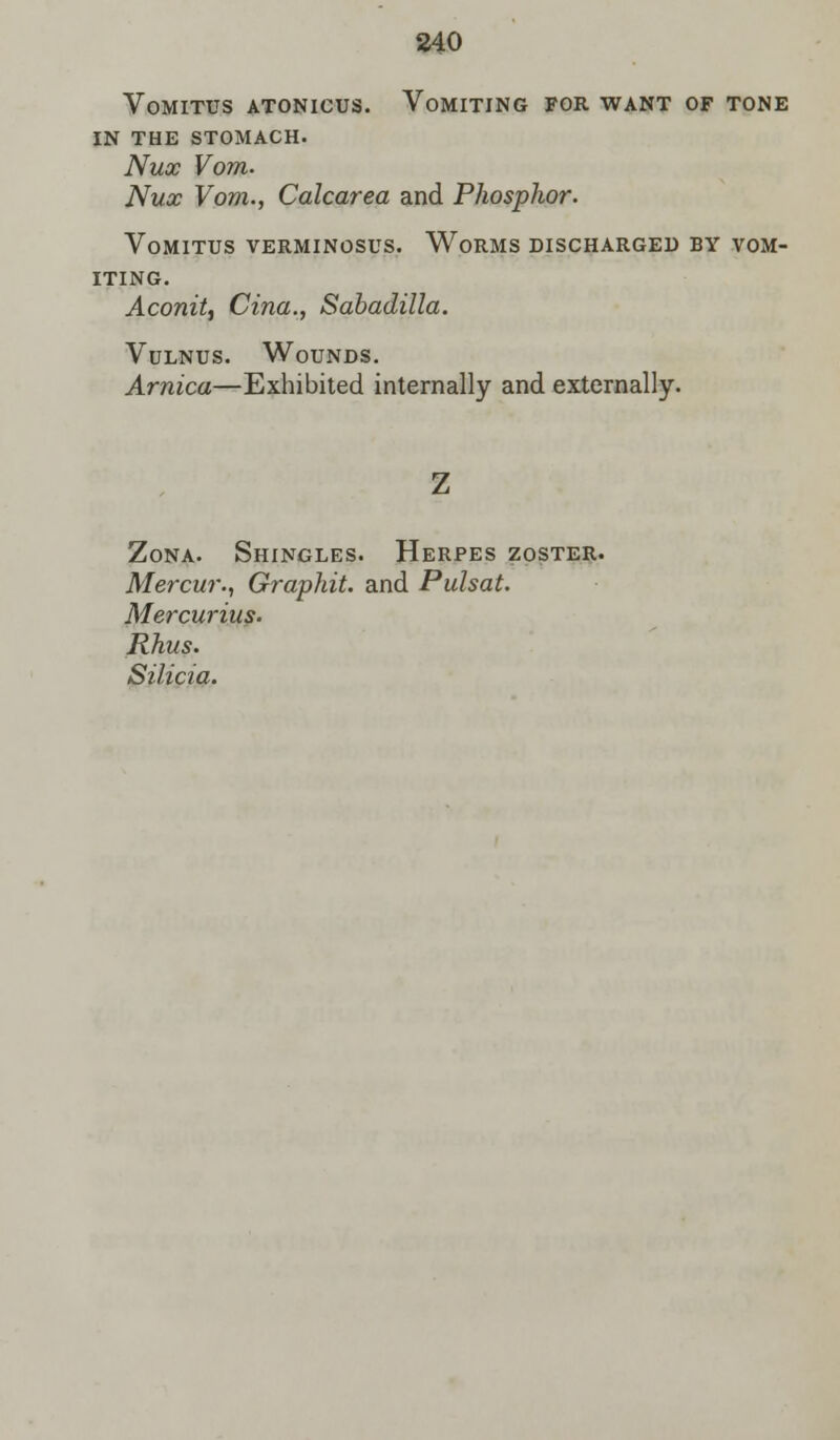 VoMITUS ATONICUS. VOMITING FOR WANT OF TONE IN THE STOMACH. Nux Vom. Nux Vom., Calcarea and Phosphor. VoMITUS VERMINOSUS. WoRMS DISCHARGED BY VOM- ITING. Aconit, Cina., Sabadilla. Vulnus. Wounds. Arnica—Exhibited internally and externally. Zona. Shingles. Herpes zoster. Mercur., Graphit. and Pulsat. Mercurius. Rhus. Silicia.