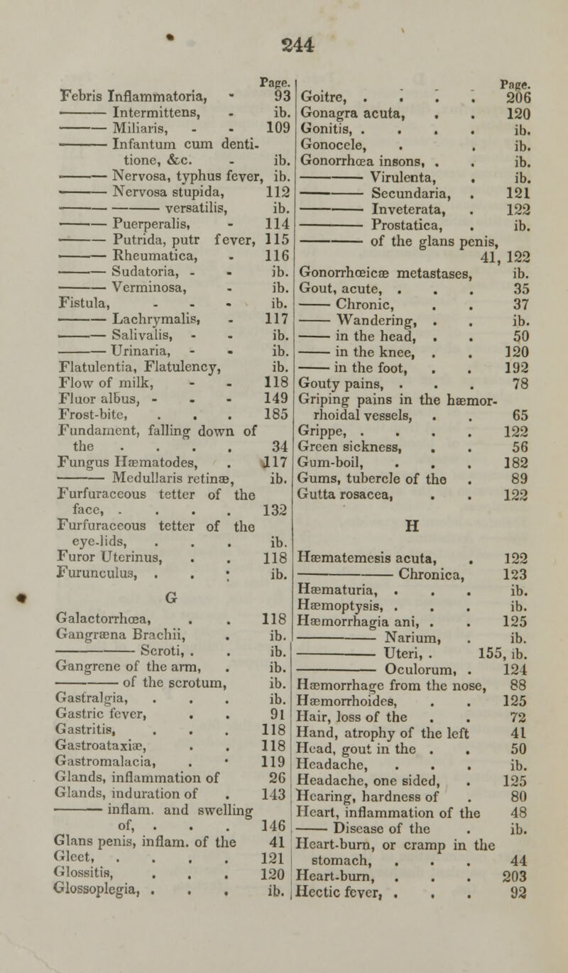 Febris Inflammatoria, Intermittens, Page. 93 ib. 109 — Miliaris, — Infantum cum denti- tione, &c. - ib. — Nervosa, typhus fever, ib. — Nervosa stupida, 112 versatilis, ib. 114 fever, 115 116 Puerperalis, Putrida, putr Rheumatica, Sudatoria, - Verminosa, Fistula, Lachrymalis, Salivalis, Urinaria, Flatulentia, Flatulency, Flow of milk, Fluor albus, - Frost-bite, . . Fundament, falling down of the Fungus Haematodes, Medullaris retina?, Furfuraceous tetter of the face, .... Furfuraceous tetter of the eye-lids, Furor Uterinus, Furunculus, . . • G Galactorrhea, Gangrasna Brachii, Scroti, . Gangrene of the arm, of the scrotum, Gastralgia, Gastric fever, Gastritis, Gastroataxiae, Gastromalacia, Glands, inflammation of Glands, induration of inflam. and swelling Glans penis, inflam. of the Gleet, .... Glossitis, . . Glossoplegia, . . . ib. ib. ib. 117 ib. ib. ib. 118 149 185 34 117 ib. 132 ib. 118 ib. 118 ib. ib. ib. ib. ib. 91 118 118 119 26 143 146 41 121 120 ib. Goitre, . . Gonagra acuta, Gonitis, . Gonocele, . Gonorrhoea insons, . Virulenta, Secundaria, —- Inveterata, Prostatica, of the glans penis, 41 Gonorrhceicae metastases, Gout, acute, . Chronic, Wandering, in the head, in the knee, in the foot, Gouty pains, . Griping pains in the haemor rhoidal vessels, Grippe, . Green sickness, Gum-boil, Gums, tubercle of the Gutta rosacea, Page. 206 120 ib. ib. ib. ib. 121 122 ib. ',122 ib. 35 37 ib. 50 120 192 78 65 122 56 182 89 122 H Hasmatemesis acuta, Chronica, Hasmaturia, Hemoptysis, . . Haemorrhagia ani, . Narium, Uteri, . Oculorum, 122 123 ib. ib. 125 ib. 155, ib. 124 88 125 72 Haemorrhage from the nose, Haemorrhoides, Hair, loss of the Hand, atrophy of the left 41 Head, gout in the . . 50 Headache, ... ib. Headache, one sided, . 125 Hearing, hardness of . 80 Heart, inflammation of the 48 Disease of the . ib. Heart-burn, or cramp in the stomach, ... 44 Heart-burn, . . . 203 Hectic fever, ... 92