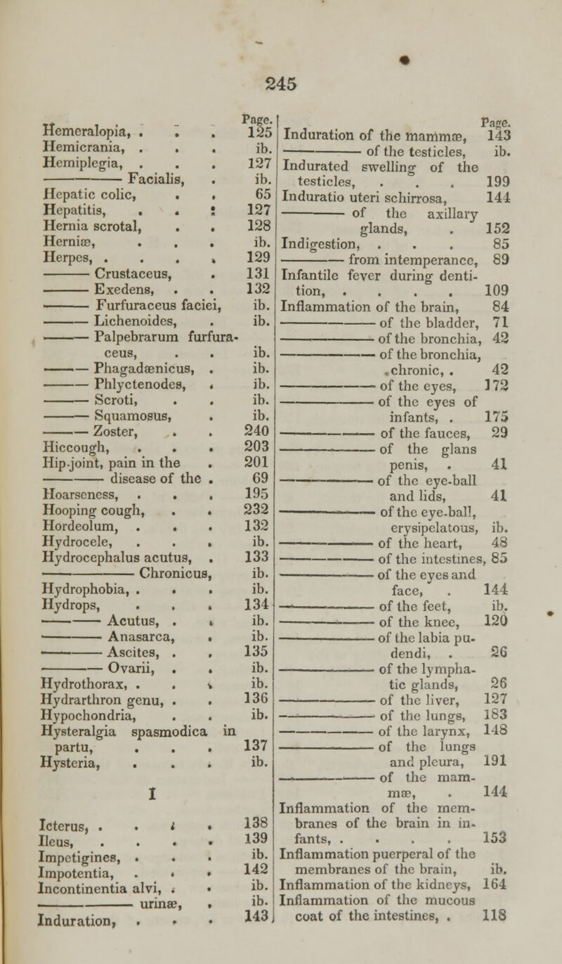 Hemcralopia, . . Hemicrania, . . Hemiplegia, Facialis, Hepatic colic, . Hepatitis, . . Hernia scrotal, Hernias, . . Herpes, . Crustaceus, Exedens, Furfuraceus faciei, Lichenoides, Palpebrarum furfura^ ceus, Phagadasnicus, Phlyctenodcs, Scroti, Squamosus, Zoster, Hiccough, Hip-joint, pain in the disease of the Hoarseness, . . Hooping cough, Hordeolum, . • Hydrocele, Hydrocephalus acutus, Chronic ua Hydrophobia, . Hydrops, . Acutus, . ■ Anasarca, —i Ascites, . Ovarii, . Hydrothorax, . . Hydrarthron genu, . Hypochondria, Hysteralgia spasmodica partu, Hysteria, . Icterus, . • i Ileus, . . • Impetigines, . Impotentia, . • Incontinentia alvi, i ■ urinas, Induration, . » Page. 125 ib. 127 ib. 65 127 128 ib. 129 131 132 ib. ib. ib. ib. ib. ib. ib. 240 203 201 69 195 232 132 ib. 133 ib. ib. 134 ib. ib. 135 ib. ib. 136 ib. 137 ib. 138 139 ib. 142 ib. ib. 143 Induration of the mammas, of the testicles, Indurated swelling of the testicles, Induratio uteri schirrosa, ■ of the axillary glands, Indigestion, from intemperance, Page. 143 ib. 199 144 Infantile fever during dentl tion, .... Inflammation of the brain, of the bladder, of the bronchia, 152 85 89 109 84 71 42 — of the bronchia, .chronic, . 42 — of the eyes, ] 72 — of the eyes of infants, . 175 — of the fauces, 29 — of the glans penis, . 41 — of the eye-ball and lids, 41 -— of the eye.ball, erysipelatous, ib. — of the heart, 48 — of the intestines, 85 — of the eyes and face, . 144 — of the feet, ib. of the knee, 120 — of the labia pu- dendi, . 26 — of the lympha- tic glands, 26 — of the liver, 127 —' of the lungs, 183 — of the larynx, 148 — of the lungs and pleura, 191 — of the mam- 144 mas, Inflammation of the mem- branes of the brain in in. fants, .... Inflammation puerperal of the membranes of the brain, Inflammation of the kidneys, Inflammation of the mucous coat of the intestines, . 153 ib. 164 118