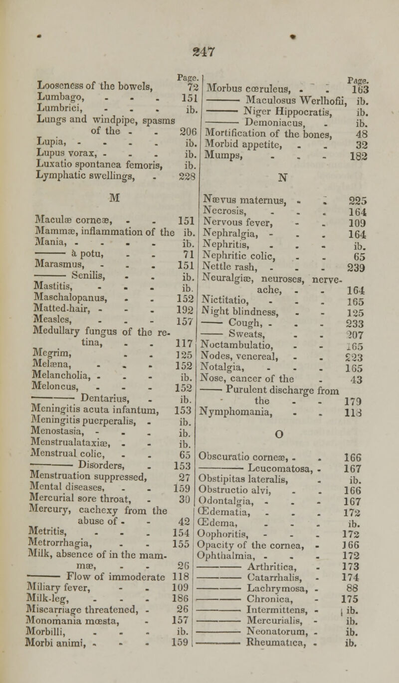 Page. Looseness of the bowels, 72 Lumbago, . . . 151 Lumbrici, ... ib. Lungs and windpipe, spasms of the . . 206 Lupia ib. Lupus vorax, ... ib. Luxatio spontanea femoris, ib. Lymphatic swellings, . 228 M Macula? corneae, - . 151 Mammae, inflammation of the ib. Mania, . . . . ib. a potu, - . 71 Marasmus, ... 151 Senilis, . . ib. Mastitis, ... Jb. Maschalopanus, . . 152 Matted.hair, - - . 192 Measles, . . . 157 Medullary fungus of the re- tina, . . 117 Megrim, . . ]25 Melama, . . - 152 Melancholia, ... jb. Meloncus, ... 152 ■ Dentarius, . ib. Meningitis acuta infantum, 153 Meningitis puerperalis, . ib. Menostasia, - ib. Menstrualataxiffi, . - ib. Menstrual colic, - - 65 ■ Disorders, . 153 Menstruation suppressed, 27 Mental diseases, . . I59 Mercurial sore throat, - 30 Mercury, cachexy from the I abuse of - - 42 Metritis, . . . 154 j Metrorrhagia, . . 155 Milk, absence of in the mam- mae, - - 26 ■ Flow of immoderate 118 Miliary fever, - . 109 Milk-leg, ... 186 Miscarriage threatened, - 26 Monomania moesta, - 157 Morbilli, ... ib. Morbus caeruleus, . . 163 Maculosus Werlhofii, ib. Niger Hippocratis, ib. Demoniacus, . ib. Mortification of the bones, 48 Morbid appetite, 32 Mumps, -.- 182 N Naevus maternus, . . 225 Necrosis, . . « 164 Nervous fever, - . 109 Nephralgia, - . . 164 Nephritis, ... ib. Nephritic colic, . . 65* Nettle rash, . . . 239 Neuralgia?, neuroses, nerve- ache, - . 164 Nictitatio, . . . 165 Night blindness, - - 125 Cough, ... 233 Sweats, . . 207 Noctambulatio, - - ..65 Nodes, venereal, - . £23 Notalgia, . . . 165 Nose, cancer of the . 43 ■ Purulent discharge from the - - 179 Nymphomania, . . 113 Obscuralio corneas, . Leucomatosa, Obstipitas lateralis, Obstructio alvi, Odontalgia, - CEdematia, . CEdcma, ... Oophoritis, --. Opacity of the cornea, - Ophthalmia, ... Arthritica, Catarrhalis, Lachrymosa, . Chronica, ■ Intermittens, - Mercurialis, - Neonatorum, . 166 167 ib. 166 167 172 ib. 172 J66 172 173 174 88 175 i ib. ib. ib.