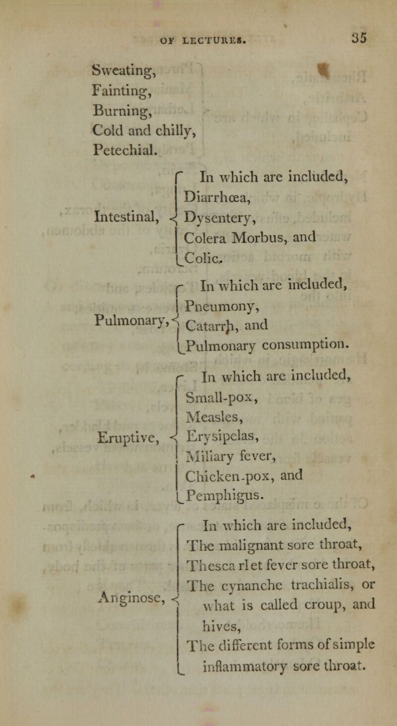 Sweating, ^ Fainting, Burning, Cold and chilly, Petechial. In which are included, Diarrhoea, Intestinal, <^ Dysentery, Colera Morbus, and Colic, r In which are included, I Pneumony, Pulmonary, <j Qmn^ and ^Pulmonary consumption. In which arc included, Small-pox, Measles, Erysipelas, ! Miliary fever, Chicken-pox, and w Pemphigus. In which are included, The malignant sore throat, Thesca rlet fever sore throat, The cynanche trachialis, or what is called croup, and hives, The different forms of simple inflammatory sore throat. Eruptive, <! Anginose,