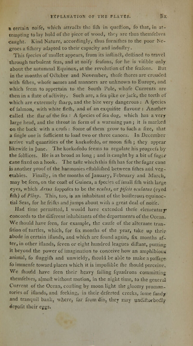 * certain noife, which attracts the fi(h in queftion, fo that, in at- tempting to lay hold of the piece of wood, they are thus themfclvcs caught. Kind Nature, accordingly, thus furnifhes to the poor Ne- groes a fifhery adapted to their capacity and induftry. This fpecies of mullet appears, from its inftinct, deftined to travel through turbulent feas, and at noify feafons, for he is vifible only about the autumnal Equinox, at the revolution of the feafons. But in the months of October and November, thofe (bores are crpuded with fifties, whofe names and manners are unknown to Europe, and which feem to appertain to the South Pole, whofe Currents are then in a itate of activity. Such are, a fea pike or jack, the teeth of which are extremely fliarp, and the bite very dangerous : A fpecies offalmon, with white flem, and of an exquifite flavour: Another called the ftar of the fea : A fpecies of fea dog, which has a very large head, and the throat in form of a warming pan ; it is marked on the back with a crofs : Some of them grow to fuch a fize, that a /ingle one is fufficient to load two or three canoes. In December arrive vaft quantities of the korkofedo, or moon fifli ; they appear likewife in June. The korkofedo feems to regulate his progrefs by the folftices. He is as broad as long ; and is caught by a bit of fugar cane fixed on a hook. The tafte which this fifhhas forthefugar cane is another proof of the harmonies eftablifhed between fifhes and veg- etables. Finally, in the months of January, February and March, may be feen, on the coaft of Guinea, a fpecies of imall fifh with large eyes, which Anus fuppofes to be the oculus, or pifcis oculatus (eyed fifh) of Pliny. This, too, is an inhabitant of the boifterous equinoc- tial Seas, for he frifks and jumps about with a great deal of noife. Had time permitted, I would have extended thefe elementary concords to the different inhabitants of the departments of the Ocean. We iliould have feen, for example, the caufe of the alternate tran- fition of turtles, which, for fix months of the year, take up their abode in certain iflands, and which are found again, fix months af- ter, in other iflands, feven or eight hundred leagues diltant, putting it beyond the power of imagination to conceive how an amphibious animal, fo fluggifh and unwieldy, fliould be able to make apaflage to immenfe toward places which it is impofiible fhe fliould perceive. We fhouid have feen their heavy failing fquadrons committing themfelves, almofl without motion, in the night time, to the general Current of the Ocean, coafting by moon light the gloomy promon- tories of iflands, and feeking, in their deferted creeks, fome fandjr and tranquil bank, where, far from din, they may uadiftiwbedly depofit their eggs.