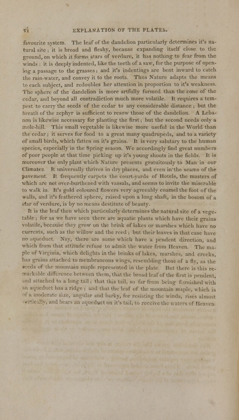 favourite system. The leaf of the dandelion particularly determines it's na- tural site ; it is broad and fleshy, because expanding itself close to the ground, on which it forms stars of vei-dure, it has nothmg to fear from the winds : it is deeply indented, like the teeth of a saw, for the purpose of open- utg a passage to the grasses; and it's indentings are bent inward to catch the rain-water, and convey it to the roots. Thus Nature adapts the means to each subject, and redoubles her attention in proportion to it's weakness. The sphere of the dandelion is more artfully formed than the cone of the cedar, and beyond all contradiction much more volatile. It requires a tem- pest to carry the seeds of the cedar to any considerable distance ; but the breath of the zephjT is sufficient to resow those of the dandelion. A Leba- non is likewise necessary for planting the first; but the second needs only a mole-hill. This small vegetable is likewise more useful in the World than the cedar; it serves for food to a great many quadrupeds, and to a variety of small birds, which fatten on it's grains. It is very salutary to the human species, especially in the Spring season. We accordingly find gi-eat numbers of poor people at that time picking up it's young shoots in the fields. It is moreover the only plant which Nature presents gratuitously to Man in our Climates. It universally thrives in diy places, and even in'the seams of the pavement. It frequently carpets the coui't-yards of Hotels, the masters of which are not ovcr-burthened with vassals, and seems to invite the miserable to walk in. It's gold coloured flowers very agreeably enamel the foot of the walls, and it's feathered sphere, raised upon a long shaft, in the bosom of a s-f ar of verdure, is by no means destitute of beaut}'. It is the leaf then which particularly determines the natural site of a vege- table ; for as we have seen there are aquatic plants which have their grains volatile, because they grow on the brink of lakes or marshes which have no currents, such as tlie willow and the reed ; but their leaves in that case have no aqueduct. Nay, there are some which have a pendent direction, and w^hich from that attitude refuse to admit the water from Heaven. The ma- ple of Virginia, which delights in the brinks of lakes, marshes, and creeks, has grains attached to membraneous wings, resembling those of a fly, as the seeds of the moumain maple represented in the plate. But there is this re- markable difference between them, that the broad leaf of the first is pendent, and attached to a long tail; that this tail, so far from being furnished with an aqueduct has a ridge ; and that the leaf of the mountain maple, which is of a moderate size, angular and barky, for resisting the winds, rises almost ■•■.n-tically, and bears an aqueduct on it's tail, to receive tlic v\aters of Heaven