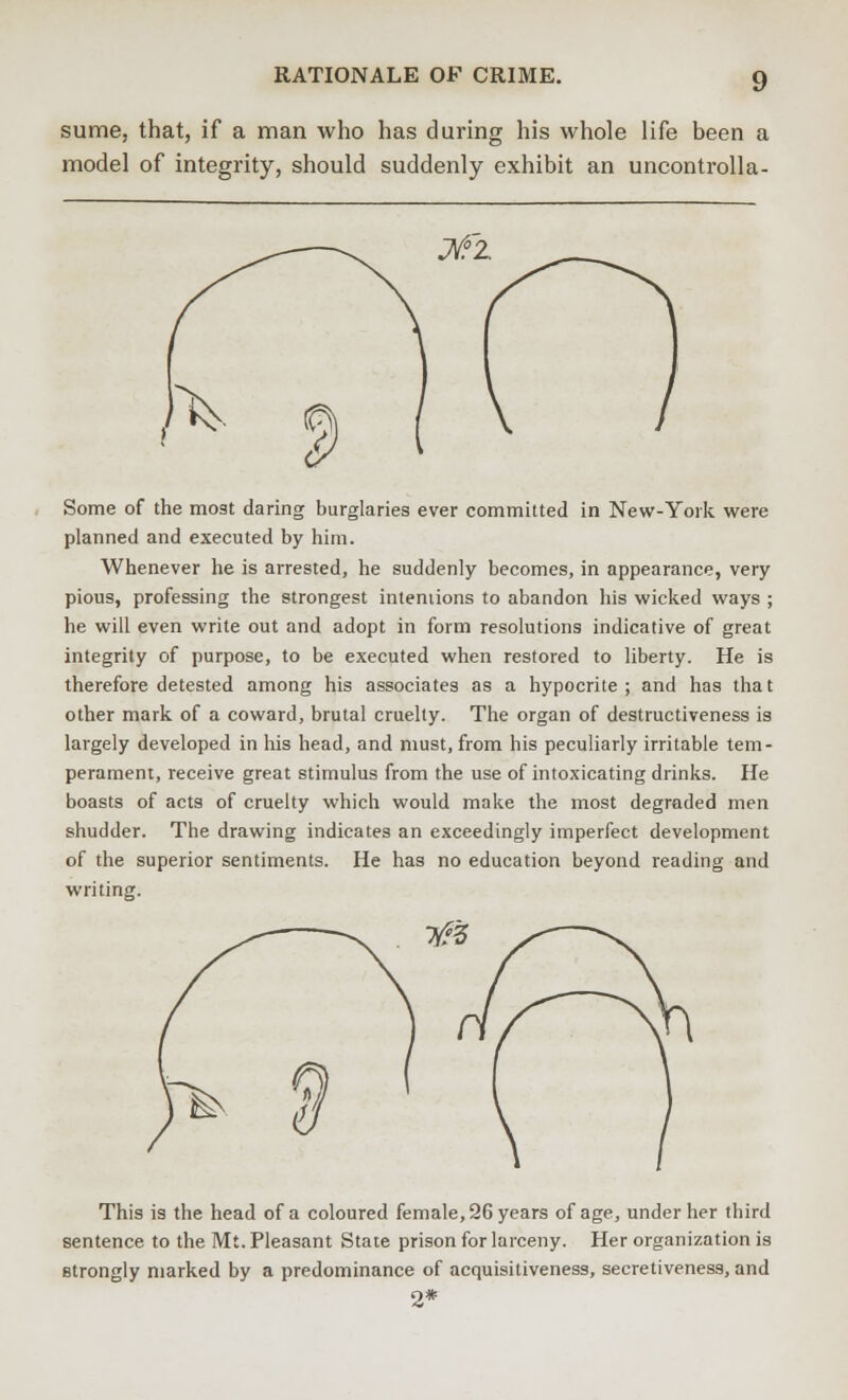 sume, that, if a man who has during his whole life been a model of integrity, should suddenly exhibit an uncontrolla- Some of the most daring burglaries ever committed in New-York were planned and executed by him. Whenever he is arrested, he suddenly becomes, in appearance, very pious, professing the strongest intentions to abandon his wicked ways ; he will even write out and adopt in form resolutions indicative of great integrity of purpose, to be executed when restored to liberty. He is therefore detested among his associates as a hypocrite ; and has tha t other mark of a coward, brutal cruelty. The organ of destructiveness is largely developed in his head, and must, from his peculiarly irritable tem- perament, receive great stimulus from the use of intoxicating drinks. He boasts of acts of cruelty which would make the most degraded men shudder. The drawing indicates an exceedingly imperfect development of the superior sentiments. He has no education beyond reading and writing. This is the head of a coloured female, 26 years of age, under her third sentence to the Mt. Pleasant State prison for larceny. Her organization is strongly marked by a predominance of acquisitiveness, secretiveness, and 2*