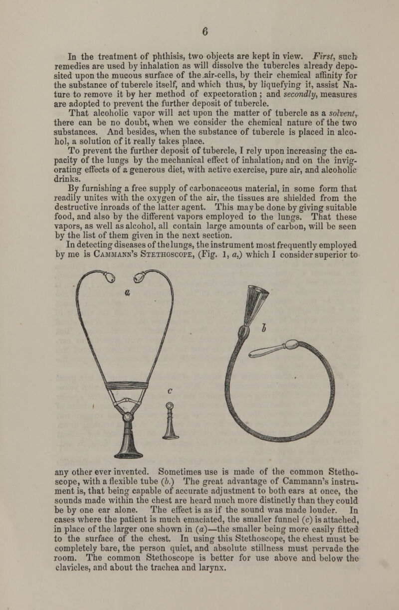 remedies are used by inhalation as will dissolve the tubercles already depo- sited upon the mucous surface of the air-cells, by their chemical affinity for the substance of tubercle itself, and which thus, by liquefying it, assist Na- ture to remove it by her method of expectoration ; and secondly, measures are adopted to prevent the further deposit of tubercle. That alcoholic vapor will act upon the matter of tubercle as a solvent, there can be no doubt, when we consider the chemical nature of the two substances. And besides, when the substance of tubercle is placed in alco- hol, a solution of it really takes place. To prevent the further deposit of tubercle, I rely upon increasing the ca- pacity of the lungs by the mechanical effect of inhalation,' and on the invig- orating effects of a generous diet, with active exercise, pure air, and alcoholic drinks. By furnishing a free supply of carbonaceous material, in some form that readily unites with the oxygen of the air, the tissues are shielded from the destructive inroads of the latter agent. This maybe done by giving suitable food, and also by the different vapors employed to the lungs. That these vapors, as well as alcohol, all contain large amounts of carbon, will be seen by the list of them given in the next section. In detecting diseases of the lungs, the instrument most frequently employed by me is Cammann's Stethoscope, (Fig. 1, a,) which I consider superior to any other ever invented. Sometimes use is made of the common Stetho- scope, with a flexible tube (b.) The great advantage of Cammann's instru- ment is, that being capable of accurate adjustment to both ears at once, the sounds made within the chest are heard much more distinctly than they could be by one ear alone. The effect is as if the sound was made louder. In cases where the patient is much emaciated, the smaller funnel (c) is attached, in place of the larger one shown in (a)—the smaller being more easily fitted to the surface of the chest. In using this Stethoscope, the chest must be completely bare, the person quiet, and absolute stillness must pervade the room. The common Stethoscope is better for use above and below the clavicles, and about the trachea and larynx.