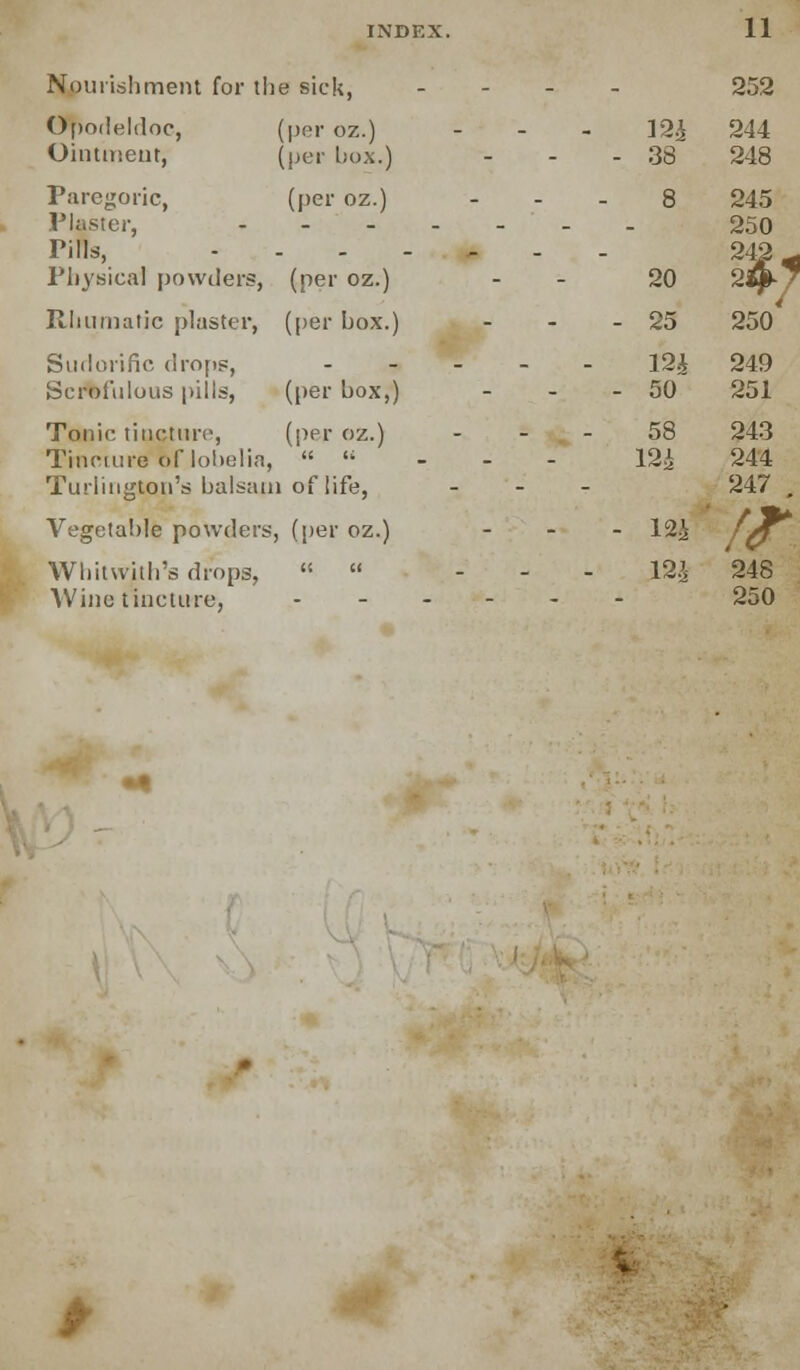 Nourishment for the sick, -•--.. 252 Opodeldoc, (per oz.) Ointmeut, (per box.) Paregoric, (per oz.) Plaster, - - - - - - Pills, Physical powders, (per oz.) Rhumafic plaster, (per box.) Suflorific drops, - Scrofulous pills, (per box,) Tonic tincture, (per oz.) Tincture of lobelia,   -. Turlington's balsam of life, Vegetable powders, (per oz.) Whitwith's drops,   - - Wine tincture, ----- 124 244 33 248 8 245 250 20 2$-^ 25 250' hh 249 50 251 58 243 m 244 247 m fr m 248 250