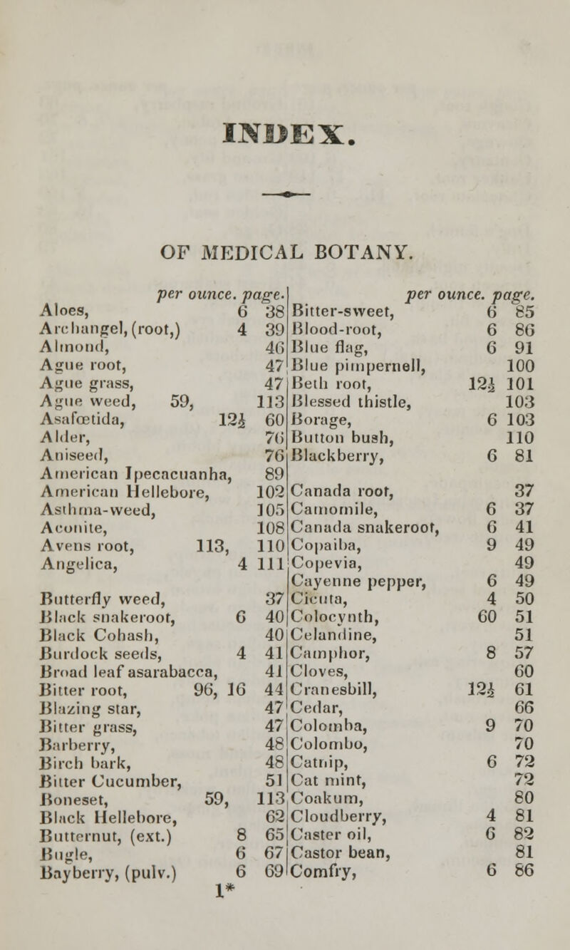 IN11EX. OF MEDICAL BOTANY. per ounce, page. 6 38 Aloes, Archangel, (root,) 4 Almond, Ague root, Ague grass, Ajjne weed, 59, Asafcetida, 12£ Alder, Aniseed, American Ipecacuanha, American Hellebore, Asthma-weed, Aconite, Avens root, 113, Angelica, 4 Butterfly weed, Black snakeroot, 6 Black Cohash, Burdock seeds, 4 Broad leaf asarabacca, Bitter root, Blazing star, Bitter grass, Barberry, Birch bark, Bitter Cucumber, Boneset, Black Hellebore, Butternut, (ext.) Bugle, Bay berry, (pulv.) 96, 16 59, 39 46 47 47 113 60 76 76 89 102 105 108 110 111 37 40 40 41 41 44 47 47 48 48 51 113 62 65 67 69 Bitter-sweet, Blood-root, Blue flag, Blue pimpernell, Beth root, Blessed thistle, Borage, Button bush, Blackberry, Canada root, Camomile, Canada snakeroot, Copaiba, Copevia, Cayenne pepper, Cicuta, Colocynth, Celandine, Camphor, Cloves, Cranesbill, Cedar, Colomba, Colombo, Catnip, Cat mint, Coakum, Cloudberry, Caster oil, Castor bean, Comfry, per ounce, page. 6 85 6 86 6 91 100 12^ 101 103 6 103 110 6 81 37 6 37 6 41 9 49 49 6 49 4 50 60 51 51 8 57 60 12£ 61 66 9 70 70 6 72 72 80 4 81 6 82 81 6 86