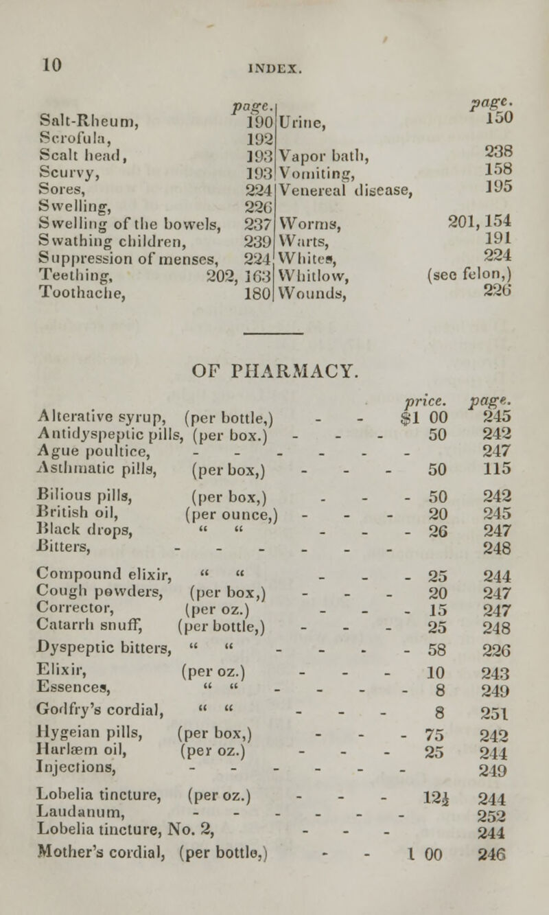 10 page. Salt-Rheum, 190 Scrofula, 192 Scalt head, 193 Scurvy, 193 Sores, 224 Swelling-, 22(j Swelling of the bowels, 237 Swathing children, 239 Suppression of menses, 224 Teething, 202, 163 Toothache, 180 Urine, Vapor bath, Vomiting, Venereal disease, Worms, Warts, Whites, Whitlow, Wounds, page. 150 238 158 195 201,154 191 224 (see felon,) 22(5 OF PHARMACY. Alterative syrup, (per bottle,) Antidyspepiic pills, (per box.) Ague poultice, Asthmatic pills, (per box,) Bilious pills, (per box,) British oil, (per ounce,) Black drops,   Bitters, - Compound elixir,   Cough powders, (per box,) Corrector, (per oz.) Catarrh snuff, (per bottle,) Dyspeptic bitters,   Elixir, Essences, Godfry's cordial, Hygeian pills, Harlsem oil, Injections, Lobelia tincture, Laudanum, Lobelia tincture, No. 2, (per oz. (per box,) (per oz.) (per oz.) price. $1 00 50 50 page. 245 242 247 115 - 50 20 - 26 242 245 247 248 - 25 20 - 15 25 244 247 247 248 - 58 226 10 - 8 243 249 8 251 - 75 25 242 244 249 12* 244 252 244