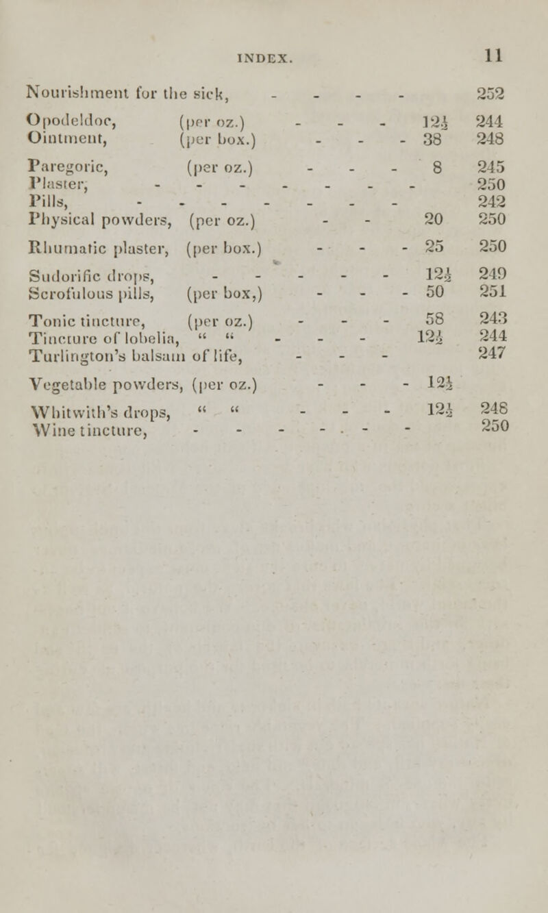 Nourishment for the sick, ... - 252 Opodeldoc, (per oz.) Ointment, (per box.) Paregoric, (per oz.) Plaster; Pills, Physical powders, (per oz.) Rluirnatic plaster, (per box.) Sudorific drops, - Scrofulous pills, (per box,) Tonic tincture, (per oz.) Tincture of lobelia, M - Turlington's balsam of life, Vegetable powders, (per oz.) Whitwith's drops, - - Wine tincture, - - - - • - Y2h 38 244 248 8 20 245 250 242 250 25 250 12£ 50 219 251 58 243 244 247 12i 12i 248 250