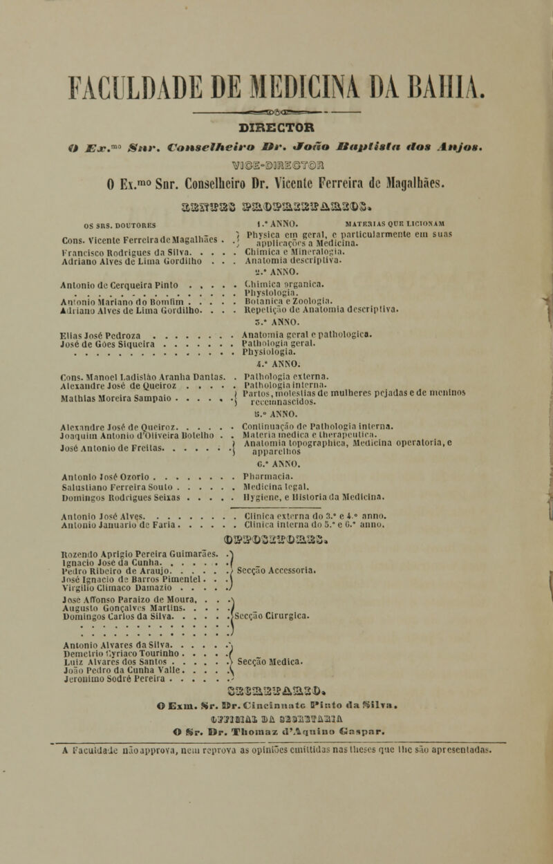 DIRECTOR í> JE\r.m0 Sitr. Co»%9elheÍÉ'o JOi'. *Foão JBajtlisla ttos Anjos. 0 Ex.mo Snr. Conselheiro Dr. Vicente Ferreira de Magalhães. OS SnS. DOUTORKS 1 •* ANNO. MATK3IAS QUH LICI0N4M . „ , . ., ,,-„„ í Physica cm gemi, o particularmente em suas Cons. Vicente Ferreira de Magalhães . .! applicaçõrsa Medicina. Francisco Rodrigues da Silva Chimica e Mineralogia. Adriano Alves de Lima Gordilho . . . Anatomia descrlptiva. •J.* ANNO. Anlonio de Cerqueira Pinlo Chimica orgânica. Physlologia. António Mariano do Bomflm Botânica c Zoologia. Ahiano Alves de Lima Gordilho. . . . Repetição de Anatomia deseriptiva. 5.' ANNO. Elias José Pedroza Anatomia geral e pathologica. José de Gúes Siqueira Patliologia geral. Physiologia. i.' ANNO. Cons. Manoel I.adisláo Aranha Dantas. . Patliologia externa. Alexandre José de Queiroz Patliologia interna. >. ,ui .. •-„ oo. n„ í Partos, moléstias de mulheres pejadas e de meninos Malhlas Moreira Sampaio { rcccmnascidos. B.« ANNO. Alexandre José de Queiroz Continuação de Patliologia interna. Joaquim António d'Oliveira Botelho . . Matéria medica e therapeuttea. i i . ,„„• ,,„r„>!i„- \ Anatomia lopographica, Medicina operatória, c José António de Freitas j npparelhos C ANNO. António José Ozorio Pharmacia. Salusliano Ferreira Souto Medicina legal. Domingos Rodrigues Seixas Ilygicne, e Historiada Medicina. António José Alves Clinica externa do 3.* e 4.° anno. Anlonio Januário de Faria Clinica interna do 5. c 0.* anno, Rozendo Aprigio Pereira Guimarães. .) Ignacio José da Cunha f Pedro Ribeiro de Araújo ) Secção Acccssoria. José Ignacio de Barros Pimentel. . .\ Virgílio Climaco Damazio / José AfTonso Paraizo de Moura, . . .\ Augusto Gonçalves Martins / Domingos Carlos da Silva JSccçao Cirúrgica. António Alvares da Silva \ Demétrio r.yriaco Tourinho ( Luiz Alvares dos Santos } Secção Medica. João Pedro da Cunha Valle \ Jerónimo Sodré Pereira > S2S2112ÍP&&2D* O E.\m. Sc. 35r. Cincinnatc D*ictto rtafiilva. (LJSJDliil 0)11 a2UJillTi\al31\ O Sr. Dr. Thomaz dMquiuo Gaspar. A Facuídaie nãoapprova, neuireprova as opiniões emittidas nas llicscs qvic lhe são apresentadas.