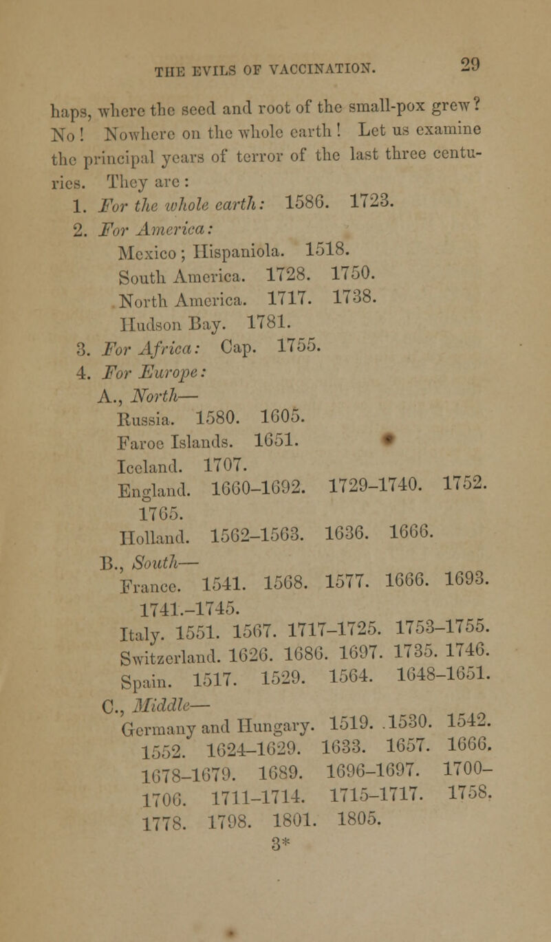 haps, where the seed and root of the small-pox grew? No ! Nowhere on the whole earth ! Let us examine the principal years of terror of the last three centu- ries. They are : 1. For the whole earth: 1586. 1723. 2. For America: Mexico; llispaniola. 1518. South America. 1728. 1750. North America, 1717. 1738. Hudson Bay. 1781. 3. For Africa: Cap. 1755. 4. For Europe: A., North— Russia. 1580. 1605. Faroe Islands. 1G51. Iceland. 1707. England. 1660-1692. 1729-1740. 1752. 1705. Holland. 15G2-1503. 1G36. 16G6. B., South— France. 1541. 15G8. 1577. 1666. 1693. 1741.-1745. Italy. 1551. 1567. 1717-1725. 1753-1755. Switzerland. 162G. 1686. 1697. 1735. 1746. Spain. 1517. 1529. 1564. 1648-1651. C., Middle— Germany and Hungary. 1519. .1530. 1542. 1552. 1624-1629. 1633. 1657. 1666. 1678-1679. 1689. 1696-1697. 1700- 1706. 1711-1714. 1715-1717. 1758. 1778. 1798. 1801. 1805.