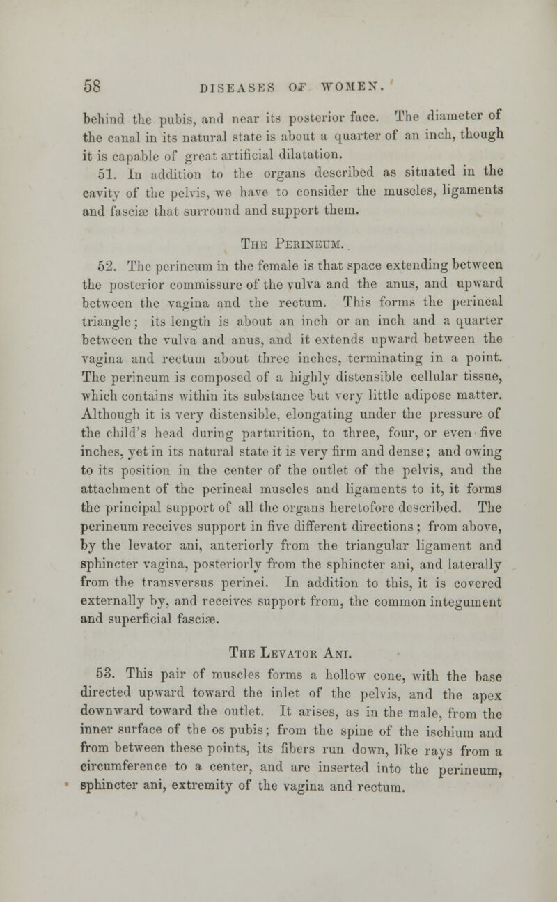 behind the pubis, and near its posterior face. The diameter of the canal in its natural state is about a quarter of an inch, though it is capable of great artificial dilatation. 51. In addition to the organs described as situated in the cavity of the pelvis, we have to consider the muscles, ligaments and fasciae that surround and support them. The Perineum. . 52. The perineum in the female is that space extending between the posterior commissure of the vulva and the anus, and upward between the vagina and the rectum. This forms the perineal triangle; its length is about an inch or an inch and a quarter between the vulva and anus, and it extends upward between the vagina and rectum about three inches, terminating in a point. The perineum is composed of a highly distensible cellular tissue, which contains within its substance but very little adipose matter. Although it is very distensible, elongating under the pressure of the child's head during parturition, to three, four, or even five inches, yet in its natural state it is very firm and dense; and owing to its position in the center of the outlet of the pelvis, and the attachment of the perineal muscles and ligaments to it, it forms the principal support of all the organs heretofore described. The perineum receives support in five different directions ; from above, by the levator ani, anteriorly from the triangular ligament and sphincter vagina, posteriorly from the sphincter ani, and laterally from the transversus perinei. In addition to this, it is covered externally by, and receives support from, the common integument and superficial fasciae. The Levator Ani. 53. This pair of muscles forms a hollow cone, with the base directed upward toward the inlet of the pelvis, and the apex downward toward the outlet. It arises, as in the male, from the inner surface of the os pubis; from the spine of the ischium and from between these points, its fibers run down, like rays from a circumference to a center, and are inserted into the perineum, sphincter ani, extremity of the vagina and rectum.