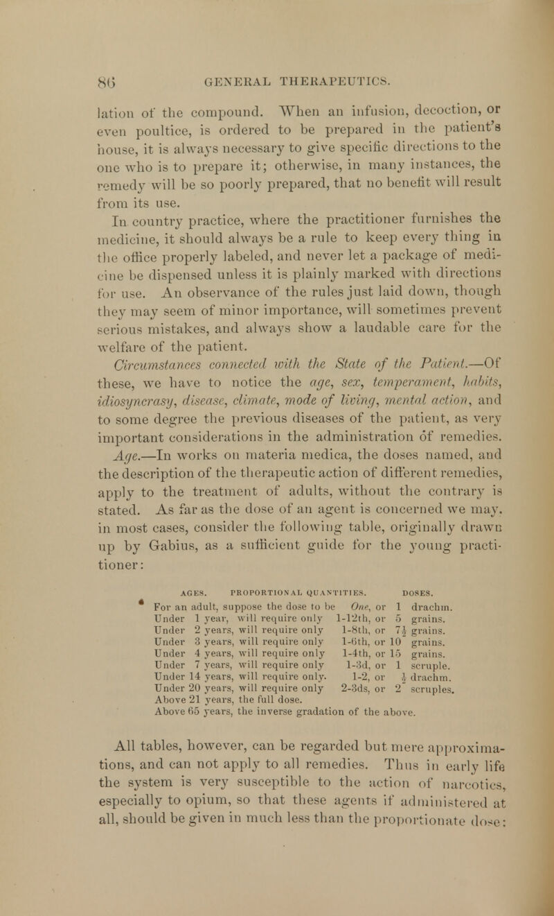 lation of the compound. When an infusion, decoction, or even poultice, is ordered to be prepared in the patient's house, it is always necessary to give specific directions to the one who is to prepare it; otherwise, in many instances, the remedy will be so poorly prepared, that no benefit will result from its use. In country practice, where the practitioner furnishes the medicine, it should always be a rule to keep every thing in the office properly labeled, and never let a package of medi- cine be dispensed unless it is plainly marked with directions for use. An observance of the rules just laid down, though they may seem of minor importance, will sometimes prevent serious mistakes, and always show a laudable care for the welfare of the patient. Circumstances connected with the State of the Patient.—Of these, we have to notice the age, sex, temperament, habit.?, idiosyncrasy, disease, climate, mode of living, mental action, and to some degree the previous diseases of the patient, as very important considerations in the administration of remedies. Age.—In works on materia medica, the doses named, and the description of the therapeutic action of different remedies, apply to the treatment of adults, without the contrary is stated. As far as the dose of an agent is concerned we may. in most cases, consider the following table, originally drawn up by Gabius, as a sufficient guide for the young practi- tioner : AGES. PROPORTION AL QUANTITIES. DOSES. * For an adult, suppose the dose to be One, or 1 drachm. Under 1 year, will require only l-12th, or 5 grains. Under 2 years, will require only l-8th, or 7.} grains. Under 3 years, will require only l-6th, or 10 grains. Under 4 years, will require only l-4th, or 15 grains. Under 7 years, will require only l-3d, or 1 scruple. Under 14 years, will require only. 1-2, or \ drachm. Under 20 years, will require only 2-3ds, or 2 scruples. Above 21 years, the full dose. Above 65 years, the inverse gradation of the above. All tables, however, can be regarded but mere approxima- tions, and can not apply to all remedies. Thus in early life the system is very susceptible to the action of narcotics, especially to opium, so that these agents if administered at all, should be given in much less than the proportionate dose: