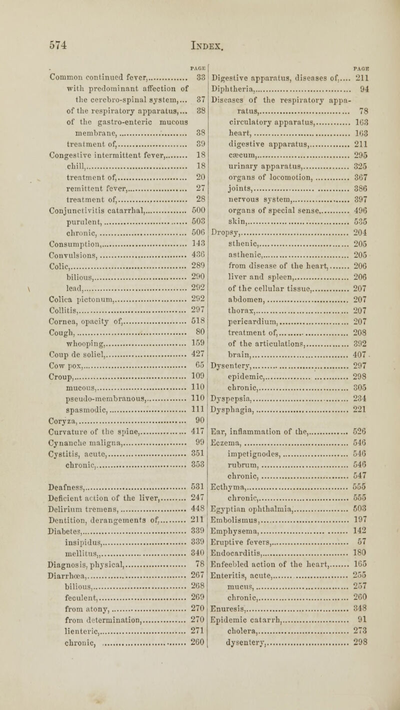 Common continued fever 33 with predominant affection of tlie cerebro-spinal system,... 37 of tlie respiratory apparatus,... 38 of tlie gastro-enteric mucous membrane, 38 treatment of, 39 Congestive intermittent fever, 18 chill, 18 treatment of, 20 remittent fever, 27 treatment of, 28 Conjunctivitis catarrhal, 500 purulent, 503 chronic, 50G Consumption, 1-13 Convulsions, 430 Colic, 289 bilious, 290 lead, 292 Colica pictonum, 292 CoUitis, 297 Cornea, opacity of, 518 Cough, 80 Tvhooping, 159 Coup de soliel, 427 Cow pox, 05 Croup, 109 mucous, 110 pseudo-membranous, 110 spasmodic, Ill Coryza, 90 Curvature of the s;iine 417 Cynanche maligna, 99 Cystitis, acute, 351 chronic, 353 Deafness, 531 Deficient action of the liver 247 Delirium tremens 448 Dentition, derangements of, 211 Diabetes, 339 insipidus, 339 mcllitus,, 340 Diagnosis, physical 78 Diarrhoea, 267 bilious, 2()8 feculent, 209 from atony, 270 from determination 270 lientcvic, 271 chronic, 260 Digestive apparatus, diseases of..... 211 Diphtheria, 94 Diseases of the respiratory appa- ratus, 78 circulatory apparatus 163 heart, 163 digestive apparatus, 211 ca;cum, 295 urinary apparatus, 325 organs of locomotion, 307 joints, 386 nervous system, 397 organs of special sense 496 skin, 535 Dropsy, 204 sthenic, 205 asthenic 205 from disease of the heart, 206 liver and spleen, 206 of the cellular tissue 207 abdomen, 207 thorax 207 pericardium 207 treatment of, 208 of the articulation.', 392 brain, 407 ■ Dysentery 297 epidemic, 298 chronic, 305 Dyspepsia, 234 Dysphagia, 221 Ear, inflammation of the, 526 Eczema, 546 impetignodes, 546 rubrum 546 chi'onic, 547 Ecthyma, 555 chronic, 555 Egyptian ophthalmia, 503 Embolismus, 197 Emphysema, 142 Eruptive fevers 57 Endocarditis 180 Enfeebled action of the heart, 165 Enteritis, acute, 255 mucus, 257 chronic 200 Enuresis, 348 Epidemic catarrh, 91 cholera, 273 dysentery, 208