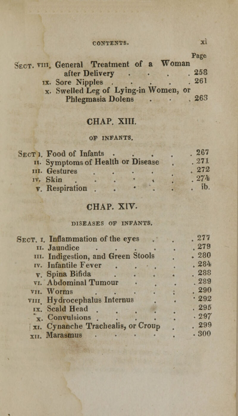 Page Sect. viii. General Treatment of a Woman after Delivery .... 258 ix. Sore Nipples 261 x. Swelled Leg of Lying-in Women, or Phlegmasia Dolens . • . 263 CHAP. XIII. OP INFANTS. Sect i. Food of Infants . • Symptoms of Health or Disease in. Gestures . iv. Skin . v. Respiration . . • . 267 271 272 274 ib, CHAP. XIV. DISEASES OP INFANTS. Sect. i. Inflammation of the eyes ii. Jaundice .... in. Indigestion, and Green Stools iv. Infantile Fever . ■ . v. Spina Bifida vi. Abdominal Tumour vii. Worms .... vm# Hydrocephalus Internus ix. Scald Head . x. Convulsions .... xi. Cynanche Trachealis, or Croup xii. Marasmus .... 277 279 280 284 288 289 290 292 295 297 299 300