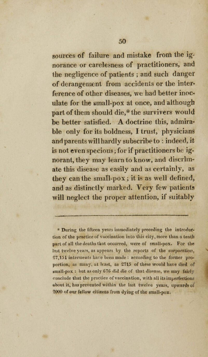 sources of failure and mistake from the ig- norance or carelesness of practitioners, and the negligence of patients ; and such danger of derangement from accidents or the inter- ference of other diseases, we had better inoc- ulate for the small-pox at once, and although part of them should die,*the survivers would be better satisfied. A doctrine this, admira- ble only for its boldness, I trust, physicians and parents will hardly subscribe to : indeed, it is not even specious; for if practitioners be ig- norant, they may learn to know, and discrim- ate this disease as easily and as certainly, as they can the small-pox; it is as well defined, and as distinctly marked. Very few patients will neglect the proper attention, if suitably * During the fifteen years immediately preceding the introduc- tion of the practice of vaccination into this city, more than a tenth part of all the deaths that occurred, were of small-pox. For the last twelve years, as appears by the reports of the corporation, 2.7,151 interments have been made : according to the former pro- portion, as many, at least, as 2715 of these would have (lied of small-pox : but as only 676 did die of that disease, we may fair! conclude that the practice of vaccination, with all its imperfection; about it, has prevented within the last twelve years, upwards of 2000 of our fellow citizens from dying of the small-pox.