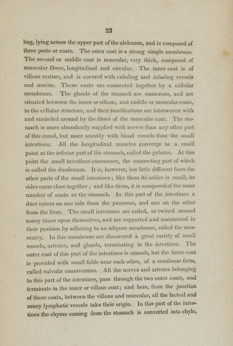 bag, lying across the upper part of the abdomen, and is composed of three parts or coats. The outer coat is a strong simple membrane. The second or middle coat is muscular, very thick, composed of muscular fibres, longitudinal and circular. The inner coat is of villous texture, and is covered with exhaling and inhaling vessels and mucus. These coats arc connected together by a cellular membrane. The glands of tlie stomach are numerous, and arc situated between the inner or villous, and middle or muscular coats, in the cellular structure, and their ramifications arc interwoven with and encircled around by the fibres of the muscular coat. The sto- mach is more abundantly supplied with nerves than any other part of this canal, but more scantily with blood \ - the small intestines. All the longitudinal muscles converge to a small point at the inferior part of the stomach, called the pylorus. At this point the small intestines commence, the connecting part of which is called the duodenum. It is, however, but little different from the other parts of the small intestines ; like them its orifice is small, its sides come close together ; and like them, it is composed of the same number of coats as the stomach. In this part of the intestines a duct enters on one side from the pancreas, and one on the other from the liver. The small intestines are coiled, or twined around many times upon themselves, and are supported and maintained in their position by adhering to an adipose membrane, called the mes- sentry. In this membrane are discovered a great variety of BmaU vessels, arteries, and glands, terminating in the intestines. The outer coat of tliis part of the intestines is smooth, but the inner coat is provided with small folds near each other, of a semilunar form, called valvulce conniventies. All the nerves and arteries belonging to this part of the intestines, pass through the two outer coats, and terminate in the inner or villous coat; and here, from the junction of these coats, between the villous and muscular, all the lacteal and many lymphatic vessels take their origin. In this part of the intes- tines the chyme coming from the stomach is converted into chyle,