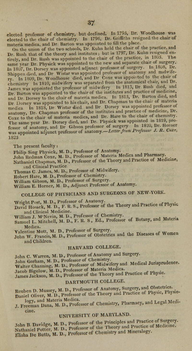elected professor of chemistry, but declined. In 1795, Dr. Woodhouse was elected to the chair of chemistry. In 1796, Dr. Griffiths resigned the chair of materia medica. and Dr. Barton was appointed to fill the place. On the union of the two schools, Dr. Kuhn held the chair of the practice, and Dr. Rush that of the theory and institutes ; but in 1797, Dr. Kuhn resigned en- tirely, and Dr. Rush was appointed to the chair of the practice, in 1805. 1 he same year Dr. Physick was appointed to the new and separate chair of surgery. In 1807, Dr. Dorsey was appointed adjunct professor of surgery. In 1808, Dr. Shippen died, and Dr Wistar was appointed professor of anatomy and midwite- ry. In 1809, Dr. Woodhouse died, and Dr Coxe was appointed to the chair ot chemistry In 1810, midwifery was separated from the anatomical chair, and Dr. .lames was appointed the professor of midwifery In 1813, Dr. Rush died, and Dr Barton was appointed to the chair of the institutes and practice of medicine, and Dr Dorsev to the chair of materia medica. In 1815, Dr. Barton died, and Dr Dorsev was appointed to his chair, and Dr. Chapman to the chair of materia medica In 1818, Dr. Wistar died and Dr Dorsey was appointed professor ot anatomy, Dr. Chapman professor of the institutes and practice of medicine, Dr. Coxe to the chair of materia medica, and Dr. Hare to the chair of chemistry. The same year Dr. Dorsey died, and Dr. Physick was appointed in 1819, pro- fessor of anatomy, and Dr Gibson professor of surgery In 1820, Dr Horner was appointed adjunct professor of anatomy.—Letter from Professor J. R. Coxe, 1825 The present faculty: Philip Sing Physick, M. D., Professor of Anatomy. John Redman Coxe, M. D., Professor of Materia Medica and Pharmacy _ Nathaniel Chapman, M. D., Professor of the Theory and Practice of Medicine, and Clinical Practice. Thomas C James, M. D., Professor of Midwifery. Robert Hare, M. D., Professor of Chemistry. William Gibson, M. D., Professor of Surgery. William E. Horner, M. D., Adjunct Professor of Anatomy. COLLEGE OF PHYSICIANS AND SURGEONS OF NEW-YORK. Wrieht Post, M.D., Professor of Anatomy. _ *,*,*«;„ David Hofiack, M. D., F. R. S., Professor of the Theory and Practice of Physic and Clinical Medicine. William T M'Nevin, M. D., Professor of Chemistry. . lamueT L. Mifchell,' M. D., F. R. S , Ed., Professor of Botany, and Mater* Medica. Valentine Mott. M. D., Professor ot Surgery. John W Francis, M. D., Professor of Obstetrics and the Diseases of Women and Children. HARVARD COLLEGE. John C Warren, M. D, Professor of Anatomy and Surgery. DARTMOUTH COLLEGE. nM,Lpn n Mussev M D., Professor of Anatomy, Surgery, and Obstetrics. Daniel O^iVerrMD. Professor of the Theory and Practice of Physic, Physio- j. *g£$ttM^ of chemi8^ Pharmacy' and Lesal MedU cine. UNIVERSITY OF MARYLAND. , „ ^ • i vi r» Pmfpssor of the Principles and Practice of Surgery. Xatnaniel PotS' M D.', P ofcs or of the Theory and Practice of Medicine* Ssha De ButS'M. D ;ProfeSsor of Chemistry and Mineralogy.