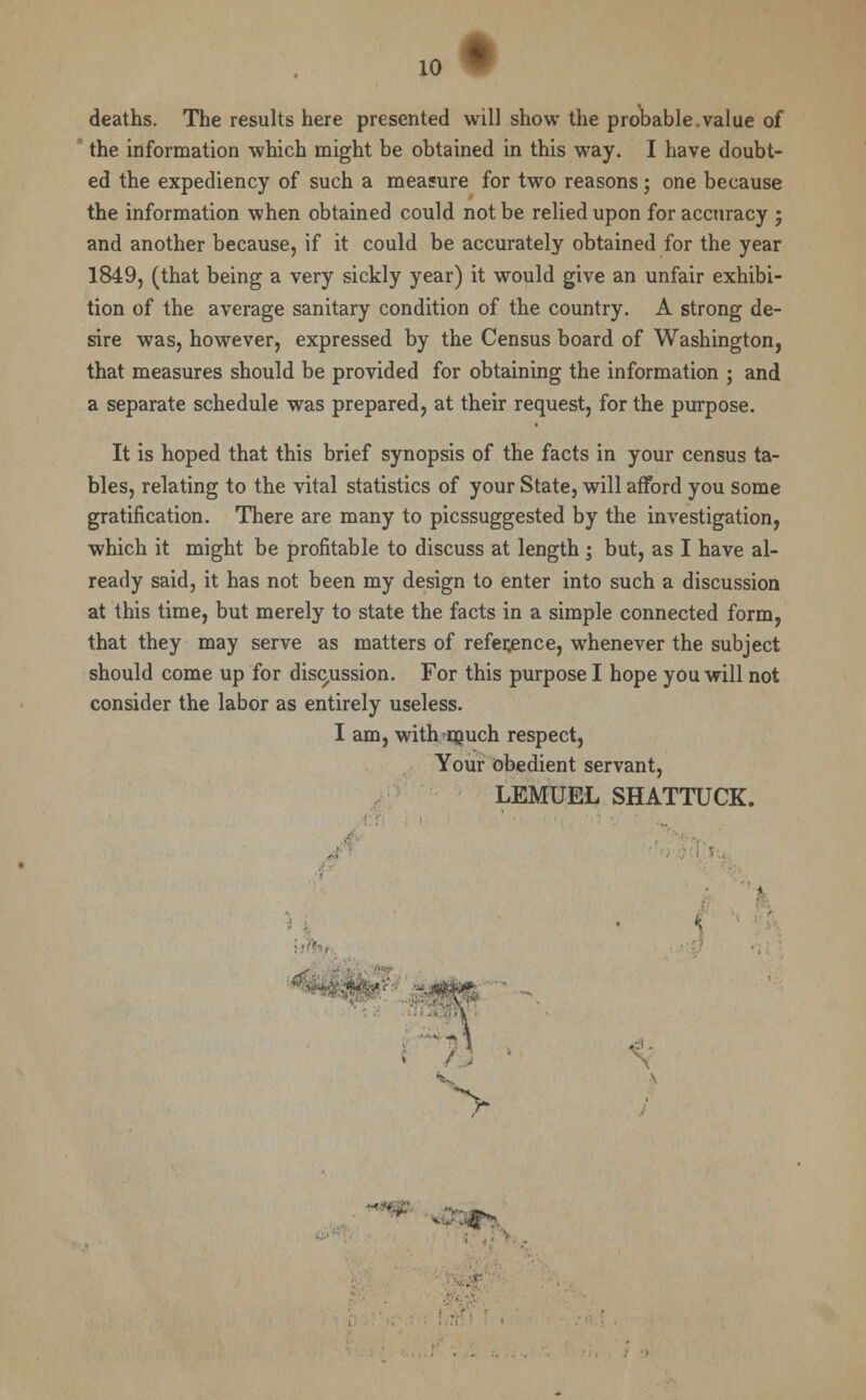 deaths. The results here presented will show the probable.value of the information which might be obtained in this way. I have doubt- ed the expediency of such a measure for two reasons; one because the information when obtained could not be relied upon for accuracy ; and another because, if it could be accurately obtained for the year 1849, (that being a very sickly year) it would give an unfair exhibi- tion of the average sanitary condition of the country. A strong de- sire was, however, expressed by the Census board of Washington, that measures should be provided for obtaining the information ; and a separate schedule was prepared, at their request, for the purpose. It is hoped that this brief synopsis of the facts in your census ta- bles, relating to the vital statistics of your State, will afford you some gratification. There are many to picssuggested by the investigation, which it might be profitable to discuss at length ; but, as I have al- ready said, it has not been my design to enter into such a discussion at this time, but merely to state the facts in a simple connected form, that they may serve as matters of reference, whenever the subject should come up for discussion. For this purpose I hope you will not consider the labor as entirely useless. I am, with^much respect, Your obedient servant, LEMUEL SHATTUCK.