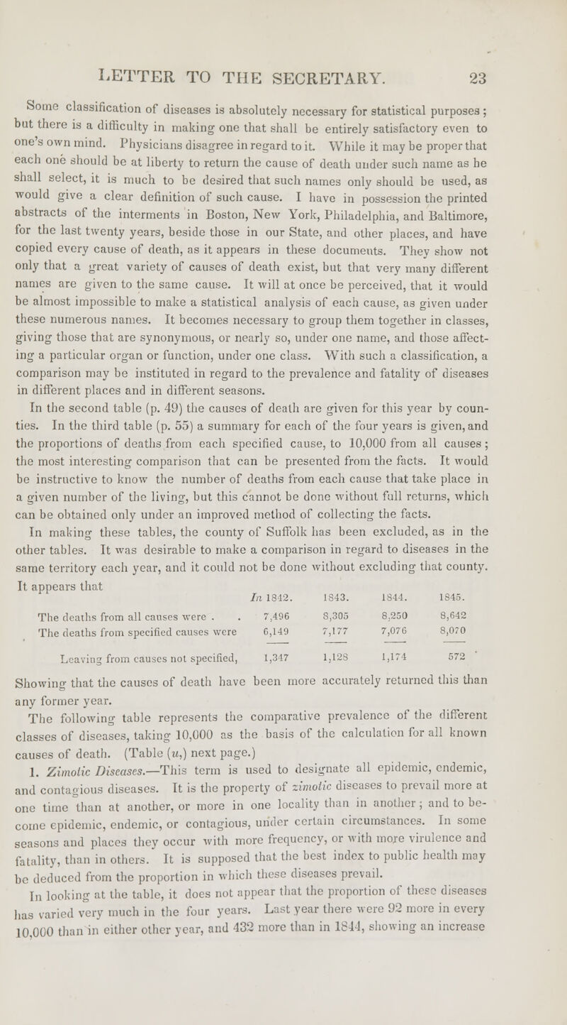 Some classification of diseases is absolutely necessary for statistical purposes ; but there is a difficulty in making one that shall be entirely satisfactory even to one's own mind. Physicians disagree in regard to it. While it may be proper that each one should be at liberty to return the cause of death under such name as he shall select, it is much to be desired that such names only should be used, as would give a clear definition of such cause. I have in possession the printed abstracts of the interments in Boston, New York, Philadelphia, and Baltimore, for the last twenty years, beside those in our State, and other places, and have copied every cause of death, as it appears in these documents. They show not only that a great variety of causes of death exist, but that very many different names are given to the same cause. It will at once be perceived, that it would be almost impossible to make a statistical analysis of each cause, as given under these numerous names. It becomes necessary to group them together in classes, giving those that are synonymous, or nearly so, under one name, and those affect- ing a particular organ or function, under one class. With such a classification, a comparison may be instituted in regard to the prevalence and fatality of diseases in different places and in different seasons. In the second table (p. 49) the causes of death are given for this year by coun- ties. In the third table (p. 55) a summary for each of the four years is given, and the proportions of deaths from each specified cause, to 10,000 from all causes ; the most interesting comparison that can be presented from the facts. It would be instructive to know the number of deaths from each cause that take place in a given number of the living, but this cannot be done without full returns, whicli can be obtained only under an improved method of collecting the facts. In making these tables, the county of Suffolk has been excluded, as in the other tables. It was desirable to make a comparison in regard to diseases in the same territory each year, and it could not be done without excluding that county. It appears that The deaths from all causes were . The deaths from specified causes were Leaving from causes not specified, 1,347 1,128 1,174 572 Showing that the causes of death have been more accurately returned this than any former year. The following table represents the comparative prevalence of the different classes of diseases, taking 10,000 as the basis of the calculation for all known causes of death. (Table («,) next page.) 1. Zimotic Diseases.—This term is used to designate all epidemic, endemic, and contagious diseases. It is the property of zimotic diseases to prevail more at one time than at another, or more in one locality than in another; and to be- come epidemic, endemic, or contagious, under certain circumstances. In some seasons and places they occur with more frequency, or with more virulence and fatality, than in others. It is supposed that the best index to public health may be deduced from the proportion in which these diseases prevail. In looking at the table, it does not appear that the proportion of these diseases has varied very much in the four years. Last year there were 92 more in every 10,000 than in either other year, and 432 more than in 1844, showing an increase Tn 1842. 1843. 1844. 1845. 7,496 8,305 8.250 8,642 0,149 7,177 7,076 8,070