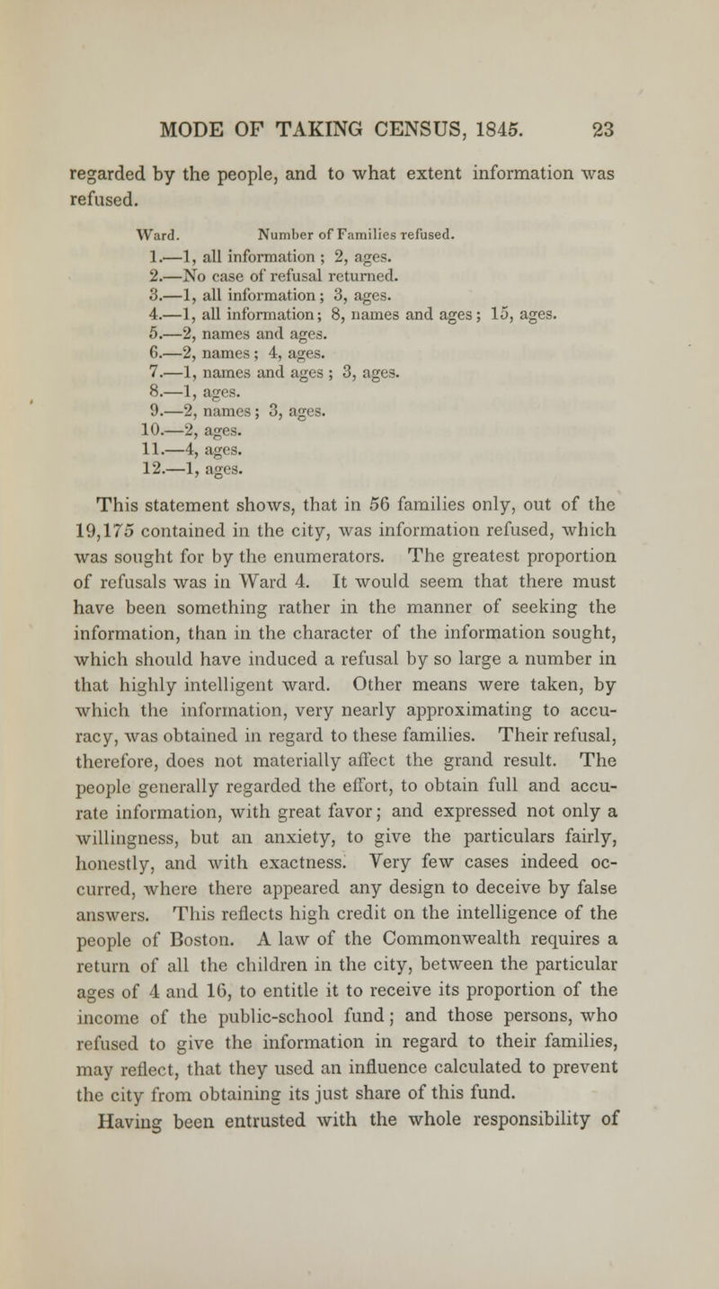 regarded by the people, and to what extent information was refused. Ward. Number of Families refused. 1.—1, all information ; 2, ages. 2.—No case of refusal returned. 3.—1, all information; 3, ages. 4.—1, all information; 8, names and ages; 15, ages. 5.—2, names and ages. 6.—2, names ; 4, ages. 7.—1, names and ages ; 3, ages. 8.—1, ages. 9.—2, names; 3, ages. 10.—2, ages. 11.—4, ages. 12.—1, ages. This statement shows, that in 56 families only, out of the 19,175 contained in the city, was information refused, which was sought for by the enumerators. The greatest proportion of refusals was in Ward 4. It would seem that there must have been something rather in the manner of seeking the information, than in the character of the information sought, which should have induced a refusal by so large a number in that highly intelligent ward. Other means were taken, by which the information, very nearly approximating to accu- racy, was obtained in regard to these families. Their refusal, therefore, does not materially affect the grand result. The people generally regarded the effort, to obtain full and accu- rate information, with great favor; and expressed not only a willingness, but an anxiety, to give the particulars fairly, honestly, and with exactness. Very few cases indeed oc- curred, where there appeared any design to deceive by false answers. This reflects high credit on the intelligence of the people of Boston. A law of the Commonwealth requires a return of all the children in the city, between the particular ages of 4 and 16, to entitle it to receive its proportion of the income of the public-school fund; and those persons, who refused to give the information in regard to their families, may reflect, that they used an influence calculated to prevent the city from obtaining its just share of this fund. Having been entrusted with the whole responsibility of