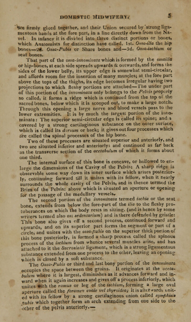 ^re firmly glued together, and their Union secured by strong liga- mentous bands at the fore part, in a line directly down from the Na- vel. In infancy it is divided into three distinct portions or bones, which Anatomists for distinction have called, 1st. Oasa-ilia the hip bones—2d. Ossa-Pubis or Share bones and—3d. Ossa-ischium or seat bones. That part of the ossa-innominata which is formed by the os&ailia or hip-bones, at each side spreads upwards & outwards, and forms the sides of the lower belly, its upper edge is somewhat semi-circalar, and affords room for the insertion of many muscles; at the fore part above the tops of the thighs, its edge becomes irregular having two projections to which fleshy portions are attached—The under part of this portion of the innominata only belongs to the Pelvis properly so called, it forms a ridge which is continued from the top oi the jacrcd bones, below which it is scooped out, to make a large notch. Through this opening a large nerve and blood vessels pass to ihe lower extremities. It is by much the largest portion of the inno- minata: The superior semi-circular edge is called its spine; and;s covered by a strong cartilaginous substance on the outer suriace, which is called its dorsum or back; it gives out four processes which are called the spinal processes of the hip bone. Two of these processes are situated superior and anteriorly, and two are situated inferior and anteriorly: and continued as far back as the transverse section of the acetabulum of which it forms about one third. The internal surface of this bone is concave, or hollowed to en- large the dimensions of the Cavity of the Pelvis; A sharp ridge is observable some way down its inner surface which arises posterior- ly, continuing forward till it unites with its fellow, when it nearly surrounds the whole cavity of the Pelvis, and is thence termed the Brim of the Pelvis: above which is situated an aperture or opening lor the passage of the medullary vessels. The second portion of the innominata termed isc/iia or the seat bone, extends from below the fore-part of the ilia lo the fleshy pro- tuberances on which the body rests in sitting, (and is hence by some wrilers termed also os: sedentarium) and is there defended by gristle: This bone also gives off a second process, continued forward and upwards, and on its superior part forms the segment or part of a circle, and unites with the ossa-fiubis on the superior thick portion of this bone posteriorly, is formed a sharp process called the spinous process of the ischium from whence several muscles arise, and has attached to it the Sacrosiatic ligament, which is a strong ligamentous substance extended from one process to the other, leaving an opening which is closed by a soft substance. The Ossa-Pubis or third and last bony portion of the innominata occupies the space between the groins. It originates at the aceta- bulum where it is largest, diminishes as it advances forward and in- ward when it again increases and gives off' a process inferiorly, which unites With the ramus or leg of the iscliiu?n, forming a large oval aperture called the foramen ovale vel thyroidea; it is aUtr.vards unit- ed with its fellow by a strong cartilaginous union called sym/inisit nubis which together form an arch extending from one side to the other of the pelvis anteriorly.--