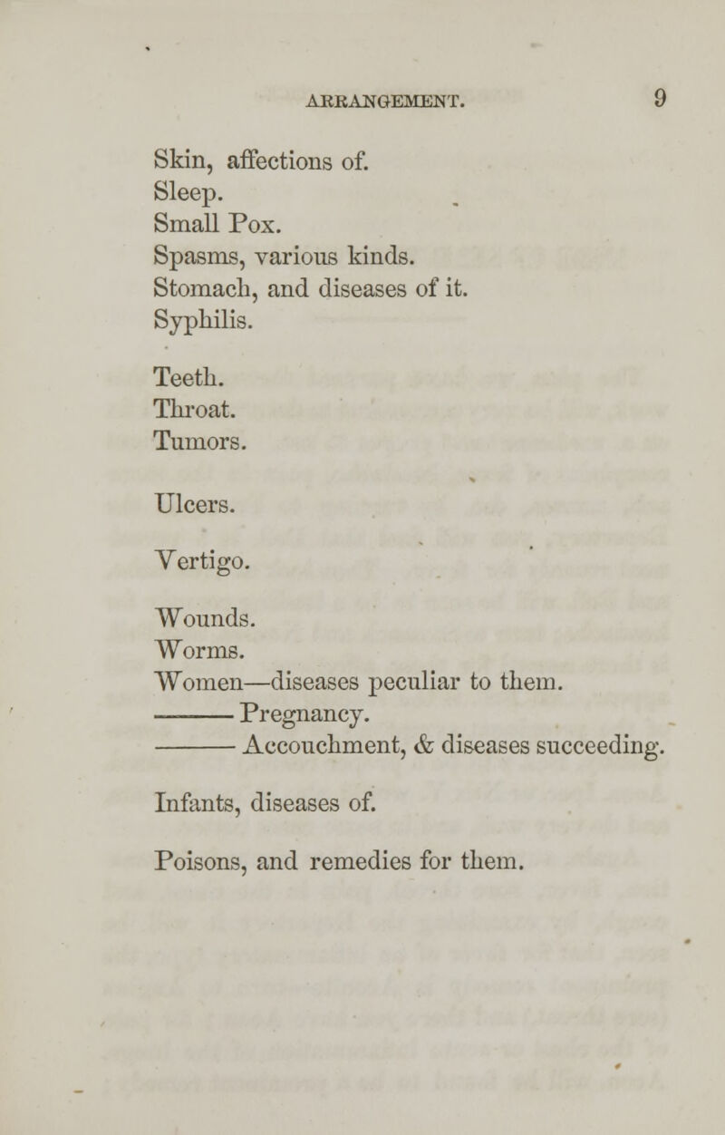 Skin, affections of. Sleep. Small Pox. Spasms, various kinds. Stomach, and diseases of it. Syphilis. Teeth. Throat. Tumors. Ulcers. Vertigo. Wounds. Worms. Women—diseases peculiar to them. Pregnancy. Accouchment, & diseases succeeding. Infants, diseases of. Poisons, and remedies for them.