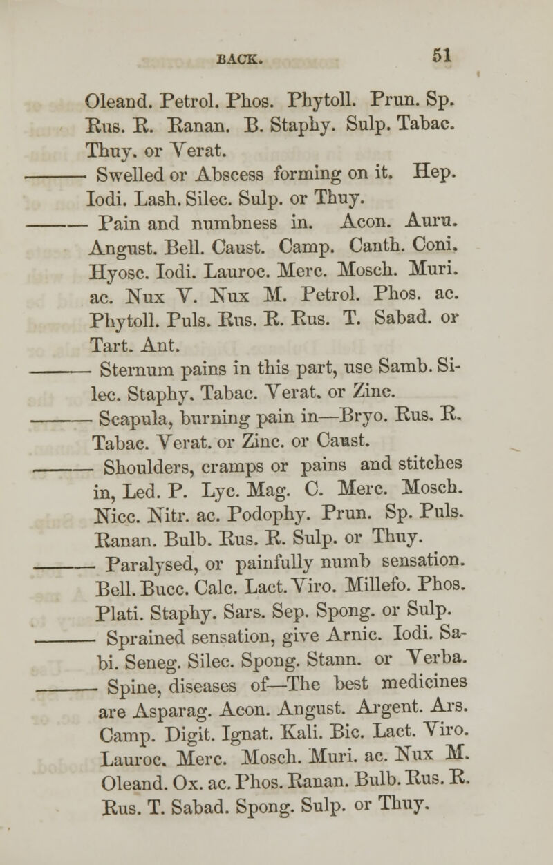 BACK. Oleand. Petrol. Phos. Phytoll. Prun. Sp. Bus. E. Eanan. B. Staphy. Sulp. Tabac. Thuy. or Yerat. - Swelled or Abscess forming on it. Hep. Iodi. Lash. Silec. Sulp. or Thuy. - Pain and numbness in. Aeon. Aura. Angust. Bell. Caust. Camp. Canth. Coni. Hyosc. Iodi. Lauroc. Merc. Mosch. Muri. ac. Nux V. Nux M. Petrol. Phos. ac. Phytoll. Puis. Kus. E. Eus. T. Sabad. or Tart. Ant. - Sternum pains in this part, use Samb. Si- lec. Staphy. Tabac. Yerat. or Zinc. - Scapula, burning pain in—Bryo. Eus. E. Tabac. Yerat. or Zinc, or Caust. — Shoulders, cramps or pains and stitches in, Led. P. Lye. Mag. C. Merc. Mosch. Nice. Nitr. ac. Podophy. Prun. Sp. Puis. Eanan. Bulb. Eus. E. Sulp. or Thuy. ^ — Paralysed, or painfully numb sensation. Bell.Bucc. Calc. Lact.Yiro. Millefo. Phos. Plati. Staphy. Sars. Sep. Spong. or Sulp. — Sprained sensation, give Arnic. Iodi. Sa- bi. Seneg. Silec. Spong. Stann. or Verba. — Spine, diseases of—The best medicines are Asparag. Aeon. Angust. Argent. Ars. Camp. Digit. Ignat. Kali. Bic. Lact. Yiro. Lauroc. Merc. Mosch. Muri. ac. Nux M. Oleand. Ox. ac. Phos. Eanan. Bulb. Eus. E. Eus. T. Sabad. Spong. Sulp. or Thuy.