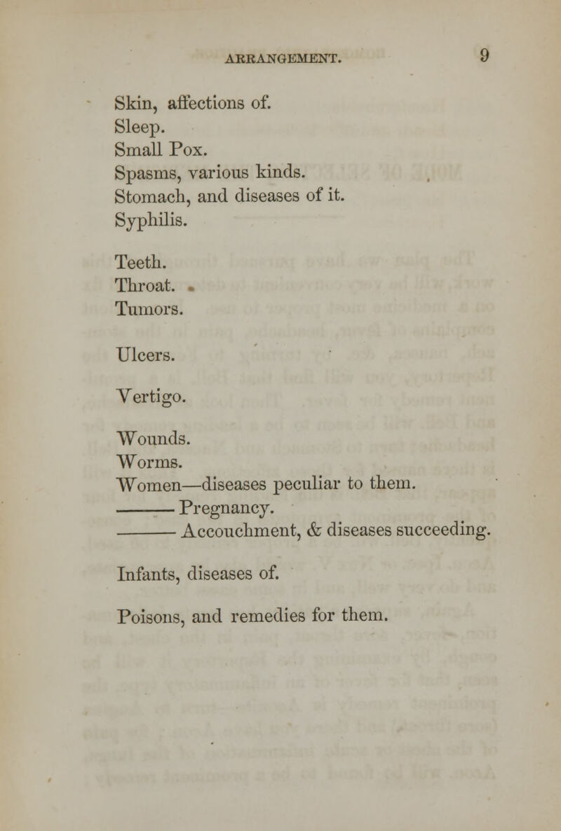 Skin, affections of. Sleep. Small Pox. Spasms, various kinds. Stomach, and diseases of it. Syphilis. Teeth. Throat. . Tumors. Ulcers. Vertigo. Wounds. Worms. Women—diseases peculiar to them. Pregnancy. Accouchment, & diseases succeeding. Infants, diseases of. Poisons, and remedies for them.