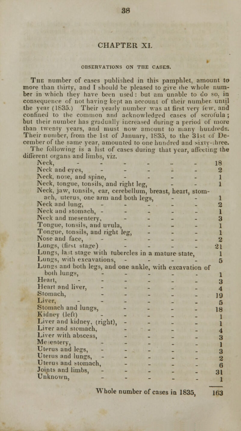 CHAPTER XL OBSERVATIONS ON THE CASES. The number of cases published in this pamphlet, amount to more than thirty, and I should be pleased to give ihe whole num- ber in which they have been used : but am unable to do so. in consequence of not having kept an account of their number, until the year (1835.) Their yearly number was at first very few, and confined to the common and acknowledged cases of scrofula ; but their number has gradually increased during a period of more than twenty years, and must now amount to many hundreds. Their number, from the 1st of .January, 1835, to the 31st of De- cember of the same year, amounted to one hundred and sixty-three. The following is a list of cases during that year, affecting the different organs and limbs, viz. Neck, -._.... 18 Neck and eyes, 2 Neck, nose, and spine, 1 Neck, tongue, tonsils, and right leg, 1 Neck, jaw, tonsils, ear, cerebellum, breast, heart, stom- ach, uterus, one arm and both legs, - - 1 Neck and lung, - - - - - 2 Neck and stomach, ----- 1 Neck and mesentery. 3 Tongue, tonsils, and uvula, 1 Tongue, tonsils, and right leg, 1 Nose and face, % Lungs, (first stage) - - _ - 21 Lungs, last stage with tubercles in a mature state, 1 Lungs, with excavations, 5 Lunn;s and both legs, and one ankle, with excavation of both lungs, 1 Heart, - - - - _ _ 3 Heart and liver, ----- 4 Stomach, _ _ jg Liver, ----_. 5 Stomach and lungs, - - - - 18 Kidney (left) - j Liver and kidney, (right), 1 Lirer and stomach, ~ - - - 4 Liver with abscess, 3 Mesentery, - j Uterus and legs, 3 Uterus and lungs, 2 Uterus and stomach, g Joints and limbs, ----- 31 Unknown, - Whole number of cases in 1835, lfi3