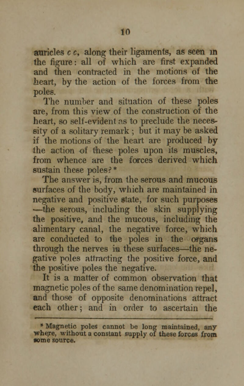 auricles c c, along their ligaments, as seen in the figure: all of which are first expanded and then contracted in the motions of the heart, by the action of the forces from the poles. 1'he number and situation of these poles are, from this view of the construction of the heart, so self-evident as to preclude the neces- sity of a solitary remark ; but it may be asked if the motions of the heart are produced by the action of these poles upon its muscles, from whence are the forces derived which sustain theee poles ? * The answer is, from the serous and mucous surfaces of the body, which are maintained in negative and positive state, for such purposes ■—the serous, including the skin supplying the positive, and the mucous, including the alimentary canal, the negative force, which are conducted to the poles in the organs through the nerves m these surfaces—the ne- gative poles attracting the positive force, and the positive poles the negative. It is a matter of common observation that magnetic poles of the same denomination repel, and those of opposite denominations attract each other; and in order to ascertain the * Magnetic poles cannot be long maintained, any where, without a constant supply of these forces from wine source.