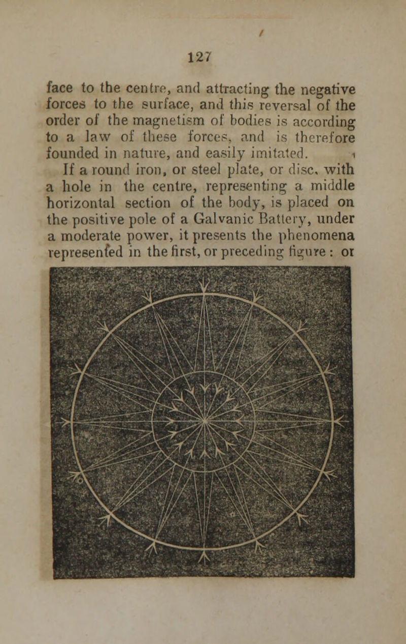 face to the centre, and attracting the negative forces to the surface, and this reversal of the order of the magnetism of bodies is according to a law of these forces, and is therefore founded in nature, and easily imitated. i If a round iron, or steel plate, or disc, with a hole in the centre, representing a middle horizontal section of the body, is placed on the positive pole of a Galvanic Battery, under a moderate power, it presents the phenomena represented in the first, or preceding figure: or