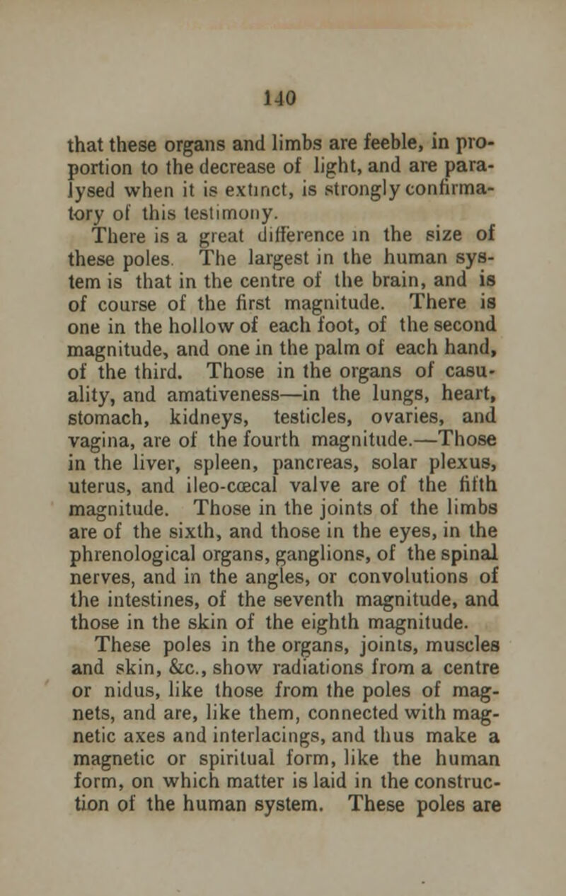 that these organs and limbs are feeble, in pro- portion to the decrease of light, and are para- lysed when it is extinct, is strongly confirma- tory of this testimony. There is a great difference in the size of these poles. The largest in the human sys- tem is that in the centre of the brain, and is of course of the first magnitude. There is one in the hollow of each foot, of the second magnitude, and one in the palm of each hand, of the third. Those in the organs of casu- alty, and amativeness—in the lungs, heart, stomach, kidneys, testicles, ovaries, and vagina, are of the fourth magnitude.—Those in the liver, spleen, pancreas, solar plexus, uterus, and ileo-coecal valve are of the fifth magnitude. Those in the joints of the limbs are of the sixth, and those in the eyes, in the phrenological organs, ganglions, of the spinal nerves, and in the angles, or convolutions of the intestines, of the seventh magnitude, and those in the skin of the eighth magnitude. These poles in the organs, joints, muscles and skin, &c, show radiations from a centre or nidus, like those from the poles of mag- nets, and are, like them, connected with mag- netic axes and interlacings, and thus make a magnetic or spiritual form, like the human form, on which matter is laid in the construc- tion of the human system. These poles are