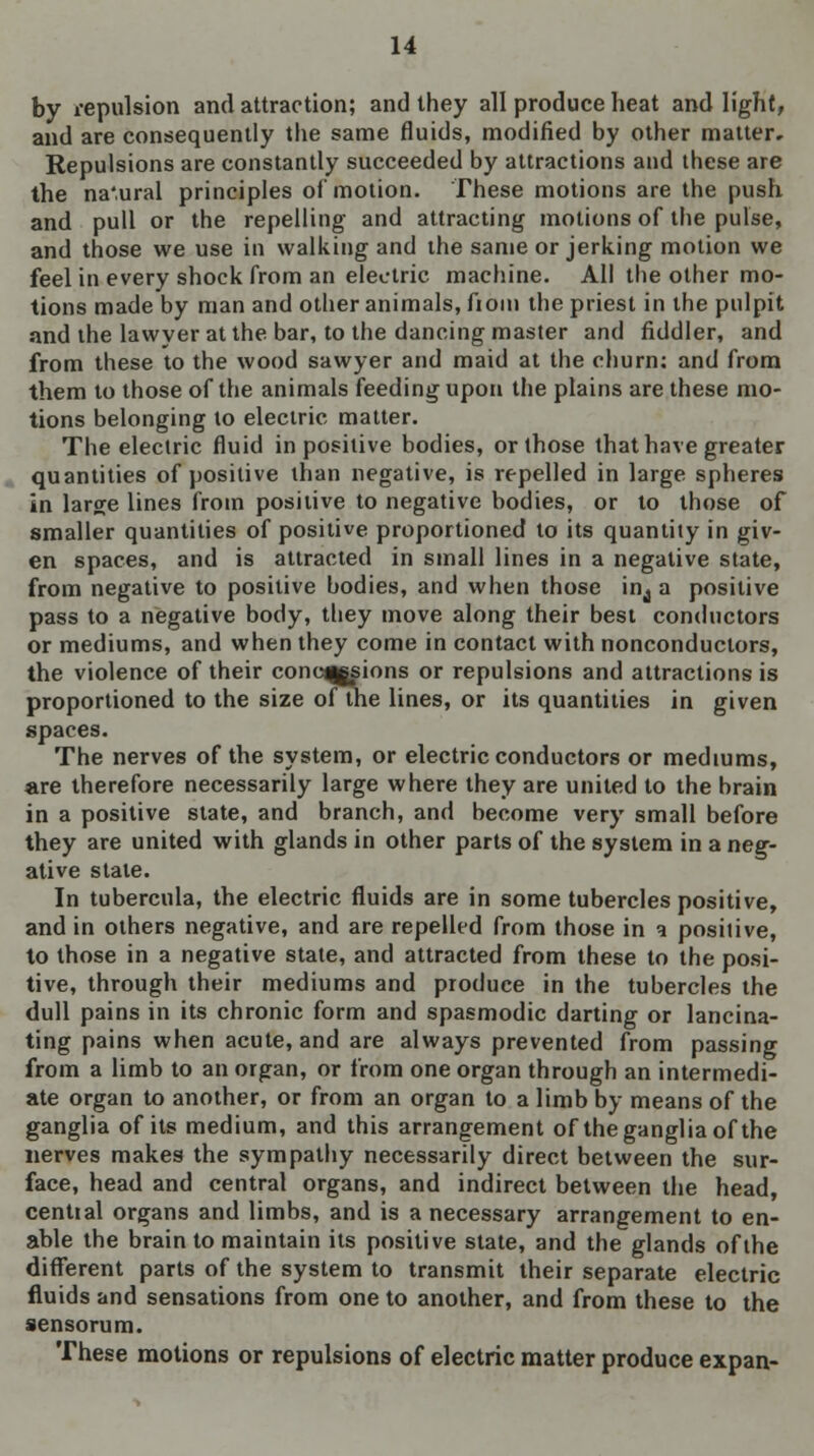 by repulsion and attraction; and they all produce heat and light, and are consequently the same fluids, modified by other matter. Repulsions are constantly succeeded by attractions and these are the na'ural principles of motion. These motions are the push and pull or the repelling and attracting motions of the pulse, and those we use in walking and the same or jerking motion we feel in every shock from an electric machine. All the other mo- tions made by man and other animals, fiom the priest in the pulpit and ihe lawyer at the bar, to the dancing master and fiddler, and from these to the wood sawyer and maid at the churn: and from them to those of the animals feeding upon the plains are these mo- tions belonging to electric matter. The electric fluid in positive bodies, or those that have greater quantities of positive than negative, is repelled in large spheres in large lines from positive to negative bodies, or to those of smaller quantities of positive proportioned to its quantity in giv- en spaces, and is attracted in small lines in a negative state, from negative to positive bodies, and when those in^ a positive pass to a negative body, they move along their best conductors or mediums, and when they come in contact with nonconductors, the violence of their conclusions or repulsions and attractions is proportioned to the size oftne lines, or its quantities in given spaces. The nerves of the system, or electric conductors or mediums, are therefore necessarily large where they are united to the brain in a positive state, and branch, and become very small before they are united with glands in other parts of the system in a neg- ative state. In tubercula, the electric fluids are in some tubercles positive, and in others negative, and are repelled from those in i positive, to those in a negative state, and attracted from these to the posi- tive, through their mediums and produce in the tubercles the dull pains in its chronic form and spasmodic darting or lancina- ting pains when acute, and are always prevented from passing from a limb to an organ, or from one organ through an intermedi- ate organ to another, or from an organ to a limb by means of the ganglia of its medium, and this arrangement of the ganglia of the nerves makes the sympathy necessarily direct between the sur- face, head and central organs, and indirect between the head, cential organs and limbs, and is a necessary arrangement to en- able the brain to maintain its positive state, and the glands of the different parts of the system to transmit their separate electric fluids and sensations from one to another, and from these to the sensorum. These motions or repulsions of electric matter produce expan-