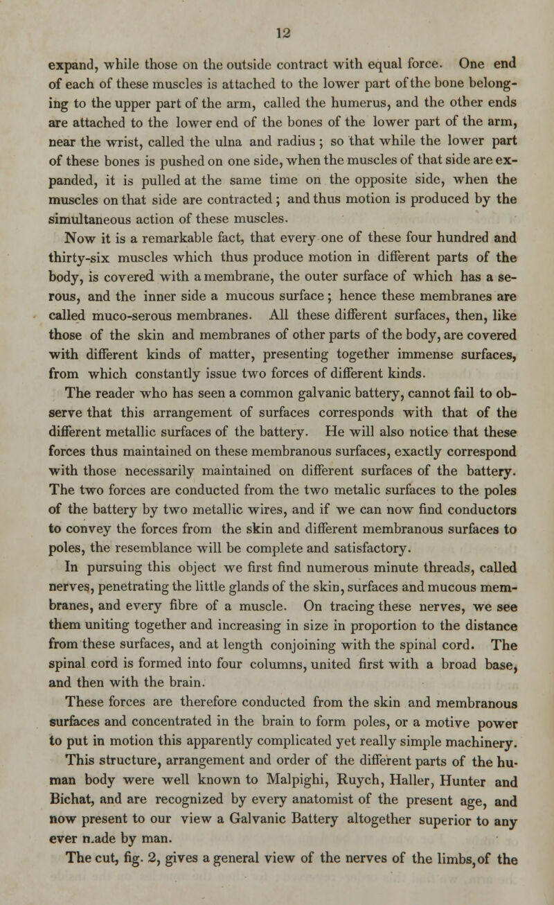 expand, while those on the outside contract with equal force. One end of each of these muscles is attached to the lower part of the bone belong- ing to the upper part of the arm, called the humerus, and the other ends are attached to the lower end of the bones of the lower part of the arm, near the wrist, called the ulna and radius ; so that while the lower part of these bones is pushed on one side, when the muscles of that side are ex- panded, it is pulled at the same time on the opposite side, when the muscles on that side are contracted ; and thus motion is produced by the simultaneous action of these muscles. Now it is a remarkable fact, that every one of these four hundred and thirty-six muscles which thus produce motion in different parts of the body, is covered with a membrane, the outer surface of which has a se- rous, and the inner side a mucous surface; hence these membranes are called muco-serous membranes. All these different surfaces, then, like those of the skin and membranes of other parts of the body, are covered with different kinds of matter, presenting together immense surfaces, from which constantly issue two forces of different kinds. The reader who has seen a common galvanic battery, cannot fail to ob- serve that this arrangement of surfaces corresponds with that of the different metallic surfaces of the battery. He will also notice that these forces thus maintained on these membranous surfaces, exactly correspond with those necessarily maintained on different surfaces of the battery. The two forces are conducted from the two metalic surfaces to the poles of the battery by two metallic wires, and if we can nowr find conductors to convey the forces from the skin and different membranous surfaces to poles, the resemblance will be complete and satisfactory. In pursuing this object we first find numerous minute threads, called nerves, penetrating the little glands of the skin, surfaces and mucous mem- branes, and every fibre of a muscle. On tracing these nerves, we see them uniting together and increasing in size in proportion to the distance from these surfaces, and at length conjoining with the spinal cord. The spinal cord is formed into four columns, united first with a broad base, and then with the brain. These forces are therefore conducted from the skin and membranous surfaces and concentrated in the brain to form poles, or a motive power to put in motion this apparently complicated yet really simple machinery. This structure, arrangement and order of the different parts of the hu- man body were well known to Malpighi, Ruych, Haller, Hunter and Bichat, and are recognized by every anatomist of the present age, and now present to our view a Galvanic Battery altogether superior to any ever n.ade by man. The cut, fig. 2, gives a general view of the nerves of the limbs,of the