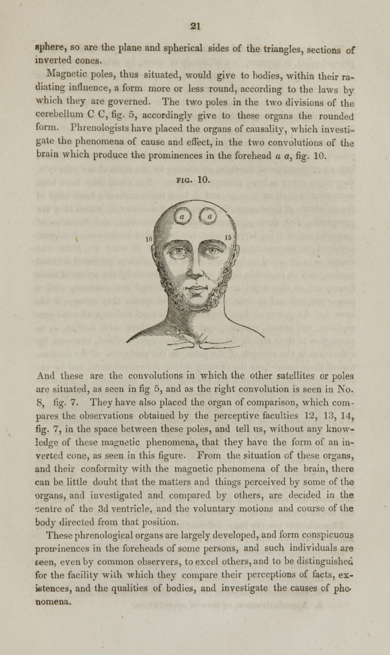 sphere, so are the plane and spherical sides of the triangles, sections of inverted cones. Magnetic poles, thus situated, would give to bodies, within their ra- diating influence, a form more or less round, according to the laws by which they are governed. The two poles in the two divisions of the cerebellum C C, fig. 5, accordingly give to these organs the rounded form. Phrenologists have placed the organs of causality, which investi- gate the phenomena of cause and effect, in the two convolutions of the brain which produce the prominences in the forehead a a, fig. 10. FIG. 10. And these are the convolutions in which the other satellites or poles are situated, as seen in fig 5, and as the right convolution is seen in No. 8, fig. 7. They have also placed the organ of comparison, which com- pares the observations obtained by the perceptive faculties 12, 13, 14, fig. 7, in the space between these poles, and tell us, without any know- ledge of these magnetic phenomena, that they have the form of an in- verted cone, as seen in this figure. From the situation of these organs, and their conformity with the magnetic phenomena of the brain, there can be little doubt that the matters and things perceived by some of the organs, and investigated and compared by others, are decided in the centre of the 3d ventricle, and the voluntary motions and course of the body directed from that position. These phrenological organs are largely developed, and form conspicuous prominences in the foreheads of some persons, and such individuals are eeen, even by common observers, to excel others, and to be distinguished for the facility with which they compare their perceptions of facts, ex- i6tences, and the qualities of bodies, and investigate the causes of phe- nomena.