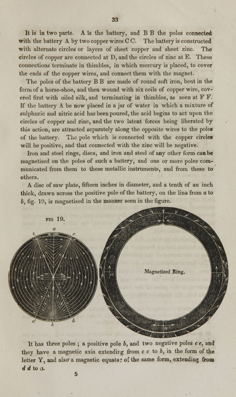 It is in two parts. A is the battery, and B B the poles connected with the battery A by two copper wires C C The battery is constructed with alternate circles or layers of sheet copper and sheet zinc. The circles of copper are connected at D, and the circles of zinc at E. These connections terminate in thimbles, in which mercury is placed, to cover the ends of the copper wires, and connect them with the magnet. The poles of the battery B B are made of round soft iron, bent in the form of a horse-shoe, and then wound with six coils of copper wire, cov- ered first with oiled silk, and terminating in thimbles, as seen at F F. If the battery A be now placed in a jar of water in which a mixture of sulphuric and nitric acid has been poured, the acid begins to act upon the circles of copper and zinc, and the two latent forces being liberated by this action, are attracted separately along the opposite wires to the poles of the battery. The pole which is connected with the copper circles will be positive, and that connected with the zinc will be negative. Iron and steel rings, discs, and iron and steel of any other form can be magnetised on the poles of such a battery, and one or more poles com- municated from them to these metallic instruments, and from these to others. A disc of saw plate, fifteen inches in diameter, and a tenth of an inch thick, drawn across the positive pole of the battery, on the line from a to 6, fig. 19, is magnetised in the manner seen in the figure. fig 19. It has three poles ; a positive pole 5, and two negative poles c c, and they have a magnetic axis extending from c c to b, in the form of the letter Y, and also'a magnetic equator of the same form, extending from d d to a. 5