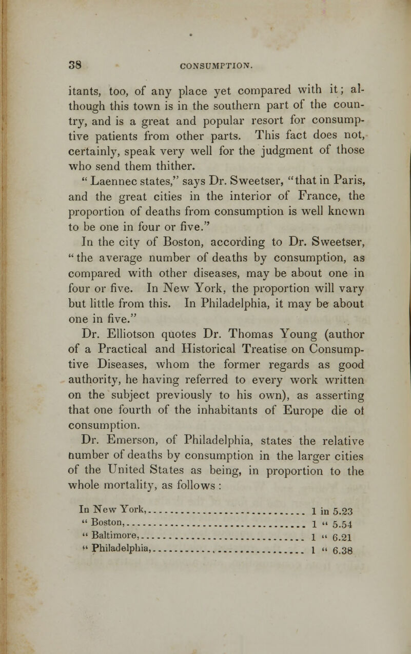 itants, too, of any place yet compared with it; al- though this town is in the southern part of the coun- try, and is a great and popular resort for consump- tive patients from other parts. This fact does not, certainly, speak very well for the judgment of those who send them thither.  Laennec states, says Dr. Sweetser, that in Paris, and the great cities in the interior of France, the proportion of deaths from consumption is well known to be one in four or five. In the city of Boston, according to Dr. Sweetser,  the average number of deaths by consumption, as compared with other diseases, may be about one in four or five. In New York, the proportion will vary but little from this. In Philadelphia, it may be about one in five. Dr. Elliotson quotes Dr. Thomas Young (author of a Practical and Historical Treatise on Consump- tive Diseases, whom the former regards as good authority, he having referred to every work written on the subject previously to his own), as asserting that one fourth of the inhabitants of Europe die ot consumption. Dr. Emerson, of Philadelphia, states the relative number of deaths by consumption in the larger cities of the United States as being, in proportion to the whole mortality, as follows : In New York, 1 in 5.23  Boston, i ii 5.54  Baltimore, 1 u g.21  Philadelphia, \ u g 33