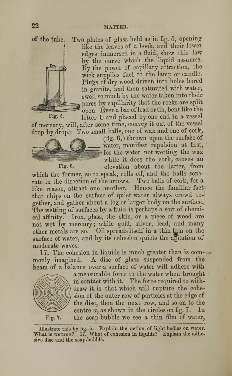 Fig. 5. of tho tube. Two plates of glass held as in fig. 5, opening like the leaves of a book, and their lower edges immersed in a fluid, show this law by the curve which the liquid assumes. By the power of capillary attraction, tho wick supplies fuel to the lamp or candle. Plugs of dry wood driven into holes bored in granite, and then saturated with water, swell so much by the water taken into their pores by capillarity that the rocks are split open. Even a bar of lead or tin, bent like the letter U and placed by one end in a vessel of mercury, will, after some time, convey it out of the vessel drop by drop. Two small balls, one of wax and one of cork, j^. (fig- 6,) thrown upon the surface of wJlP „. water, manifest repulsion at first, ! for the water not wetting the wax while it does the cork, causes an Fig. 6. elevation about the latter, from which the former, so to speak, rolls off, and the balls sepa- rate in the direction of the arrows. Two balls of cork, for a like reason, attract one another. Hence the familiar fact that chips on the surface of quiet water always crowd to- gether, and gather about a log or larger body on the surface. The wetting of surfaces by a fluid is perhaps a sort of chemi- cal affinity. Iron, glass, the skin, or a piece of wood are not wet by mercury; while gold, silver, lead, and many other metals are so. Oil spreads itself in a thin film on the surface of water, and by its cohesion quiets the agitation of moderate waves. 17. The cohesion in liquids is much greater than is com- - monly imagined. A disc of glass suspended from the beam of a balance over a surface of water will adhere with a measurable force to the water when brought in contact with it. The force required to with- draw it is that which will rupture the cohe- sion of the outer row of particles at the edge of the disc, then the next row, and so on to the centre a, as shown in the circles on fig. 7. In Fig. 7. the soap-bubble we see a thin film of water, Illustrate this by fig. 5. Explain the action of light bodies on water. What is wetting? 17. What of cohesion in liquids? Explain tho adhe- sive diso and the soap-bubble.