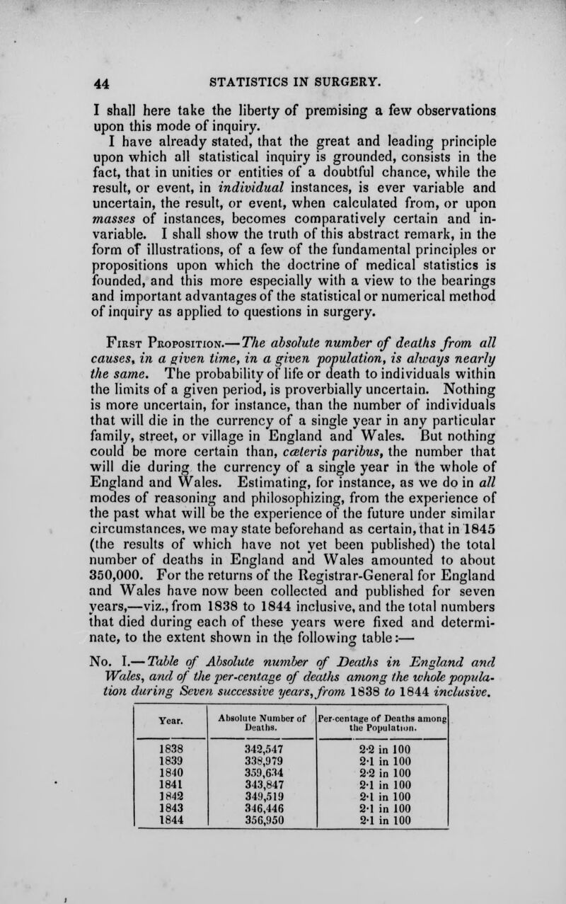 I shall here take the liberty of premising a few observations upon this mode of inquiry. I have already stated, that the great and leading principle upon which all statistical inquiry is grounded, consists in the fact, that in unities or entities of a doubtful chance, while the result, or event, in individual instances, is ever variable and uncertain, the result, or event, when calculated from, or upon masses of instances, becomes comparatively certain and in- variable. I shall show the truth of this abstract remark, in the form of illustrations, of a few of the fundamental principles or propositions upon which the doctrine of medical statistics is founded, and this more especially with a view to the bearings and important advantages of the statistical or numerical method of inquiry as applied to questions in surgery. First Proposition.— The absolute number of deaths from all causes, in a given time, in a given population, is always nearly the same. The probability of life or death to individuals within the limits of a given period, is proverbially uncertain. Nothing is more uncertain, for instance, than the number of individuals that will die in the currency of a single year in any particular family, street, or village in England and Wales. But nothing could be more certain than, cceteris paribus, the number that will die during the currency of a single year in the whole of England and Wales. Estimating, for instance, as we do in all modes of reasoning and philosophizing, from the experience of the past what will be the experience of the future under similar circumstances, we may state beforehand as certain, that in 1845 (the results of which have not yet been published) the total number of deaths in England and Wales amounted to about 350,000. For the returns of the Registrar-General for England and Wales have now been collected and published for seven years,—viz., from 1838 to 1844 inclusive, and the total numbers that died during each of these years were fixed and determi- nate, to the extent shown in the following table:— No. I.— Table of Absolute number of Deaths in England and Wales, and of the per-centage of deaths among the whole popula- tion during Seven successive years, from 1838 to 1844 inclusive. Absolute Number of Per-centage of Deaths among Deaths. the Population. 1838 342,547 2-2 in 100 1839 338,979 2-1 in 100 1840 3.59,634 2-2 in 100 1841 343,847 2-1 in 100 1842 349,519 2-1 in 100 1843 346,446 2-1 in 100 1844 356,950 2-1 in 100